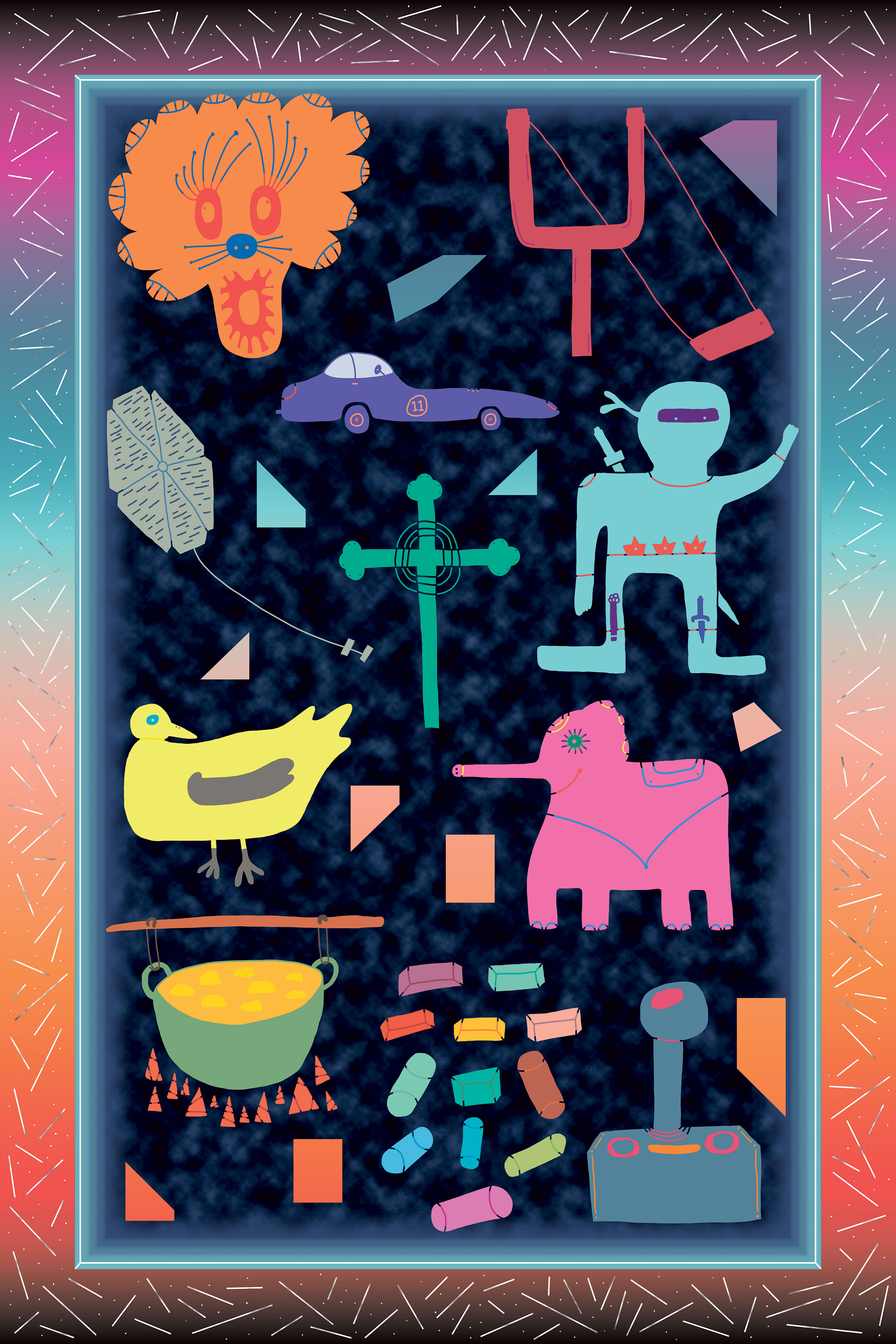 Framed collage of brightly coloured toys, tools, and household objects