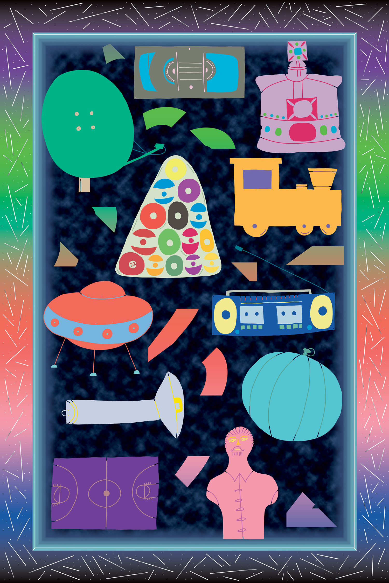 Framed collage of colourful objects including a handbag, lamp, and radio