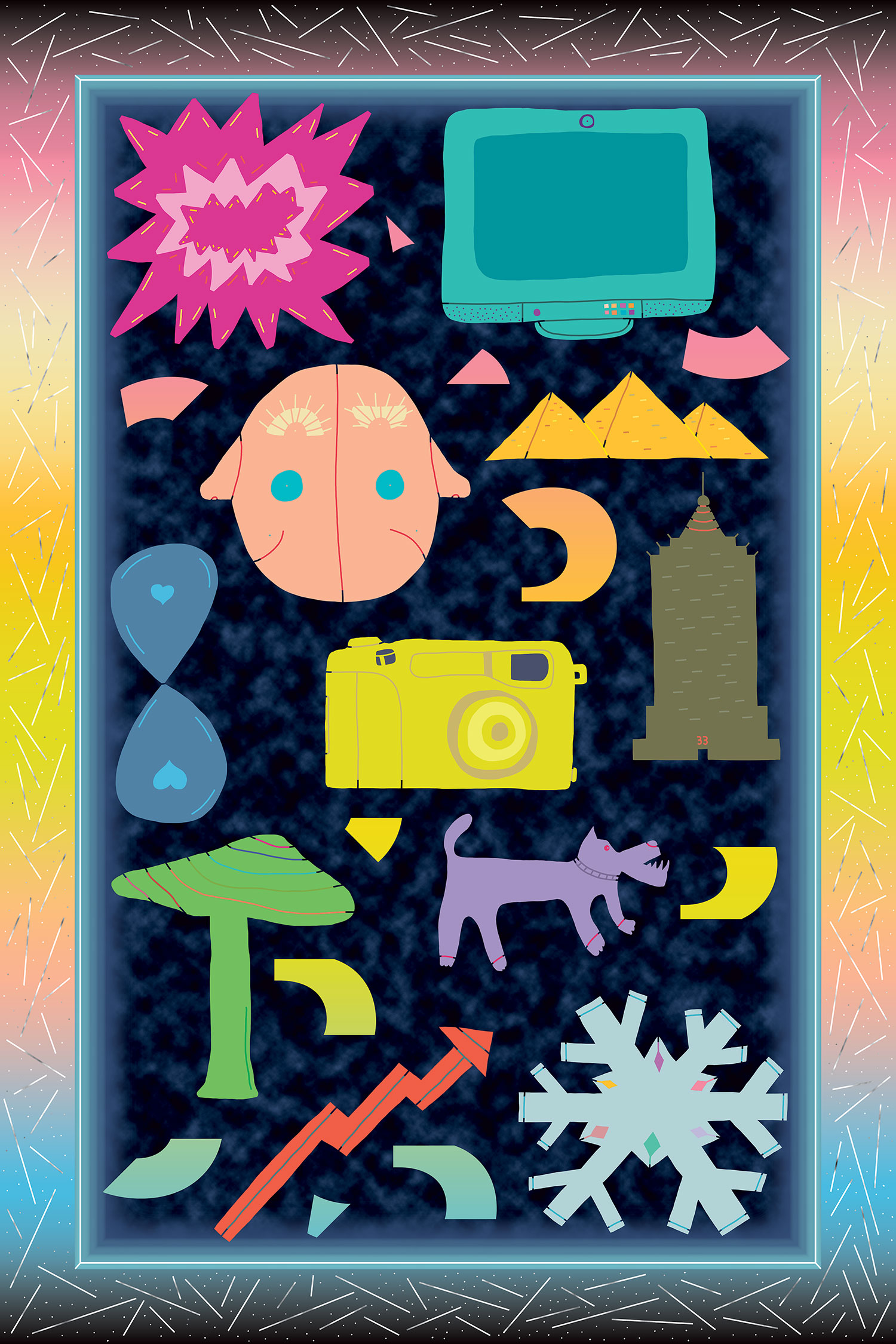 Framed collage of colourful objects including a television, camera, and snowflake