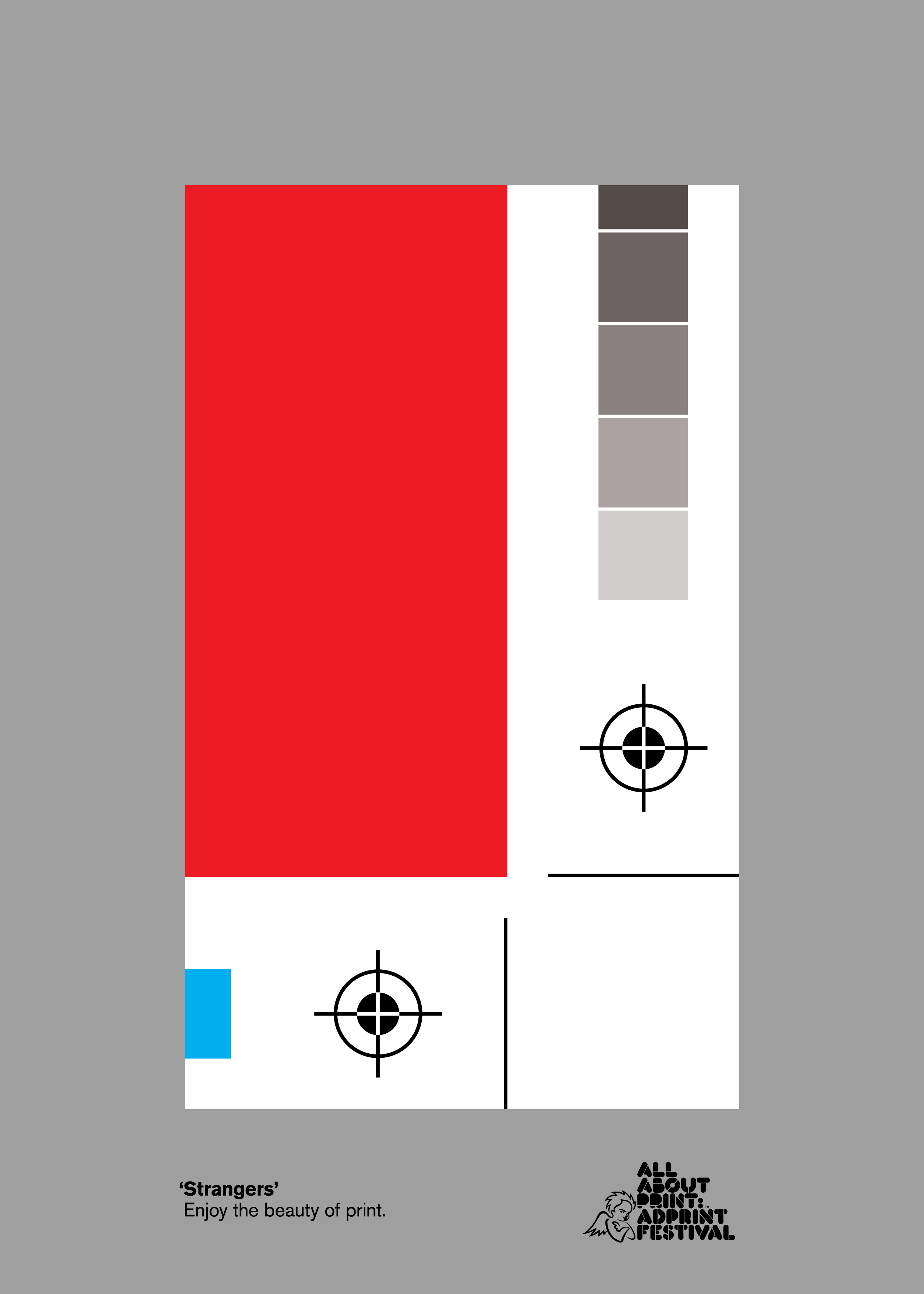 White poster with a red block, black linework, and grey colour swatches