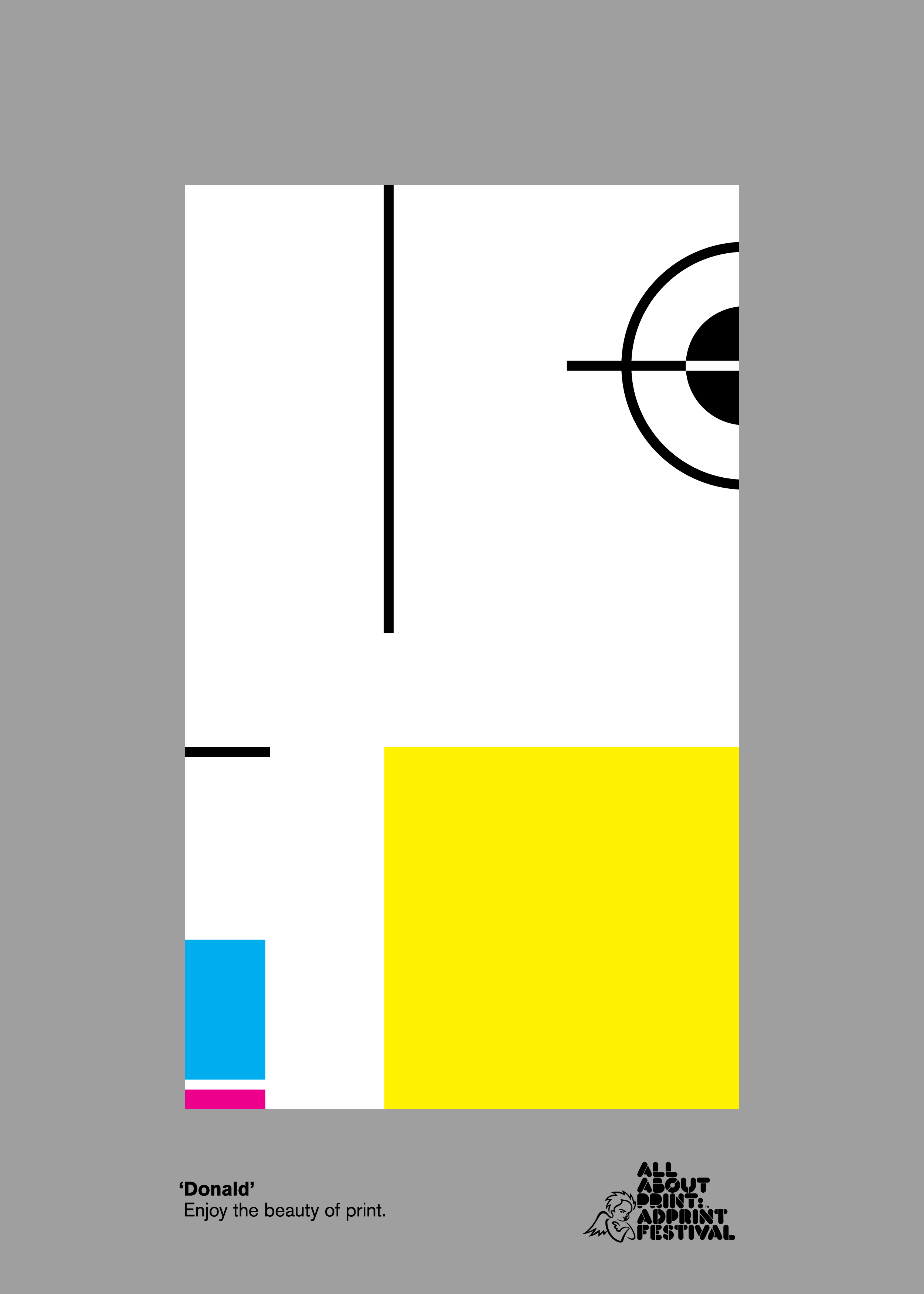 White poster with a black line, yellow block, and small cyan and magenta accents
