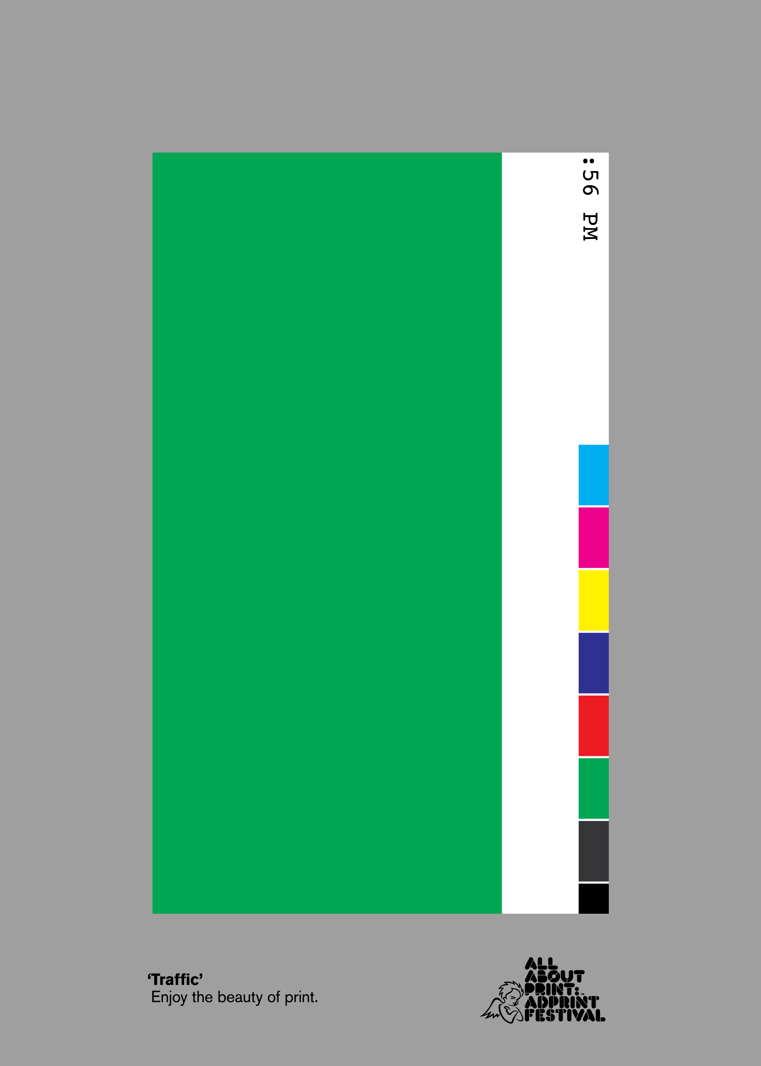 White poster with a large green block and vertical colour swatches