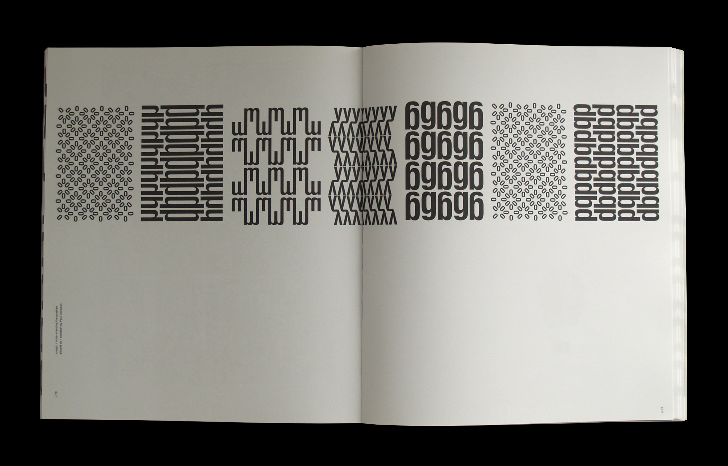 Open book spread showing black-and-white typographic pattern studies