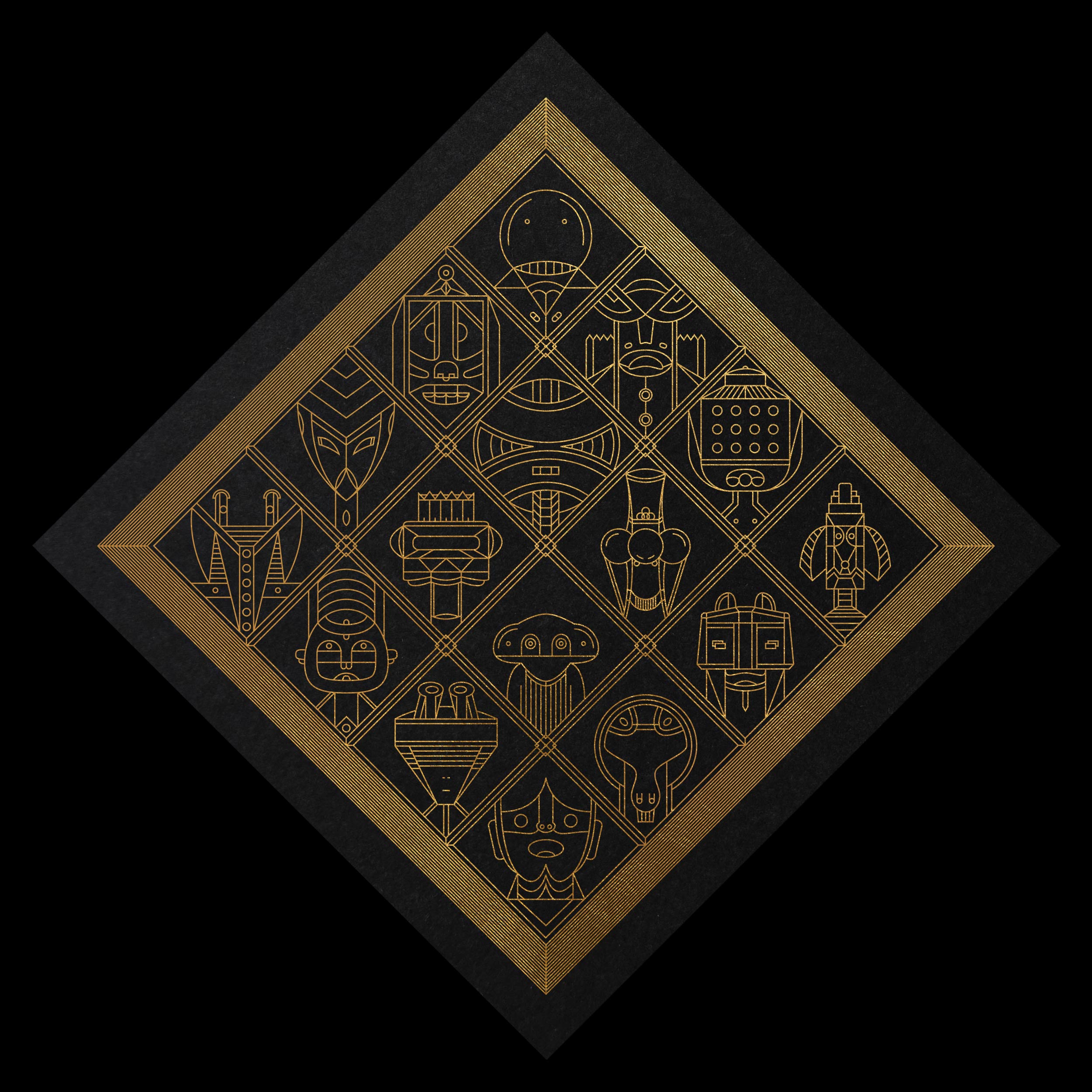 Gold geometric illustration arranged in a diamond on black