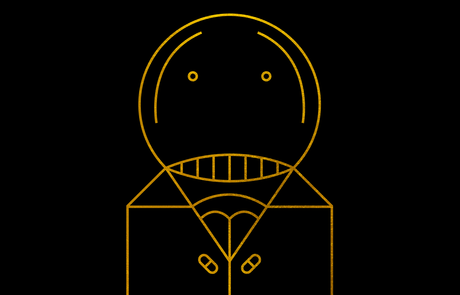 Gold line drawing of a round-headed figure on black