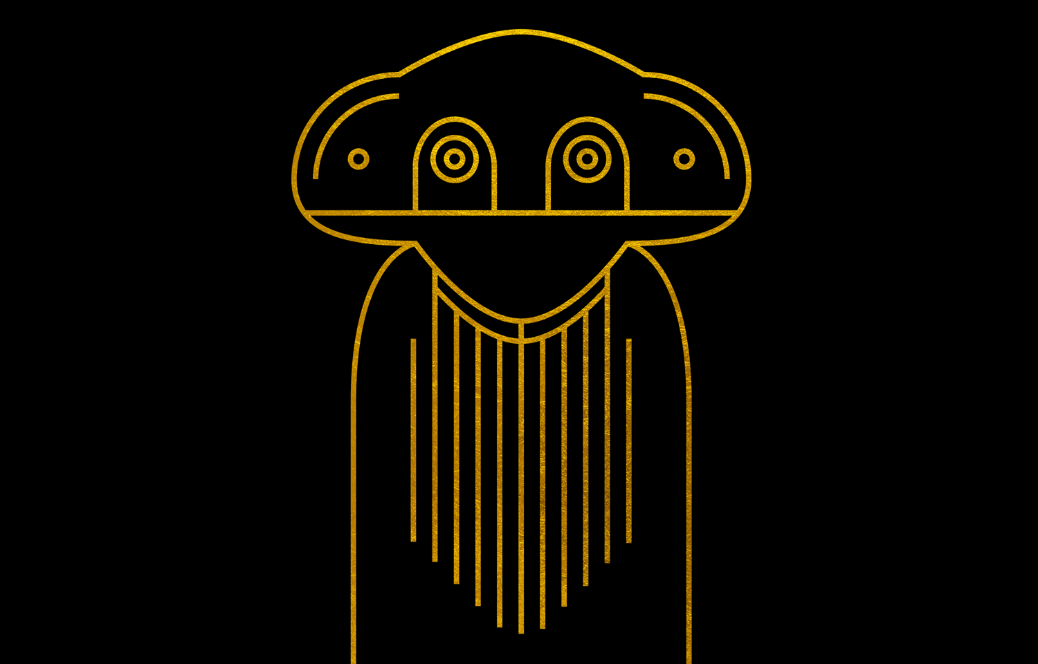 Gold line drawing of a three-eyed figure with hanging fringe