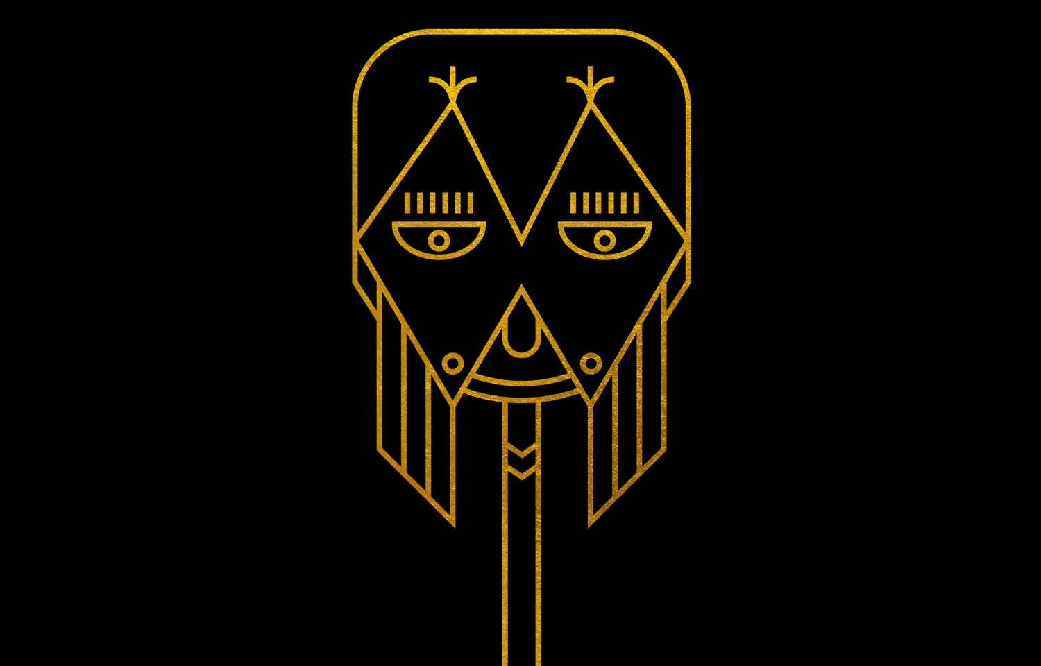 Gold line drawing of a masked face with crossed eyes