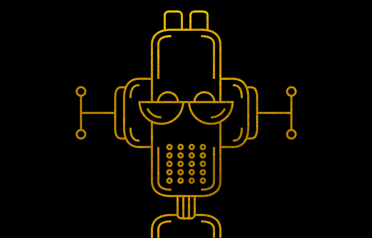 Gold line drawing of a robot-like figure with glasses
