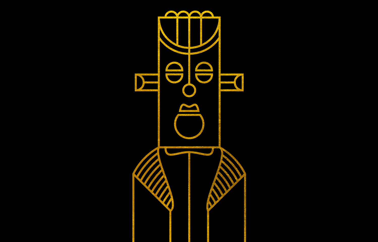 Gold line drawing of a tall figure with a striped hat