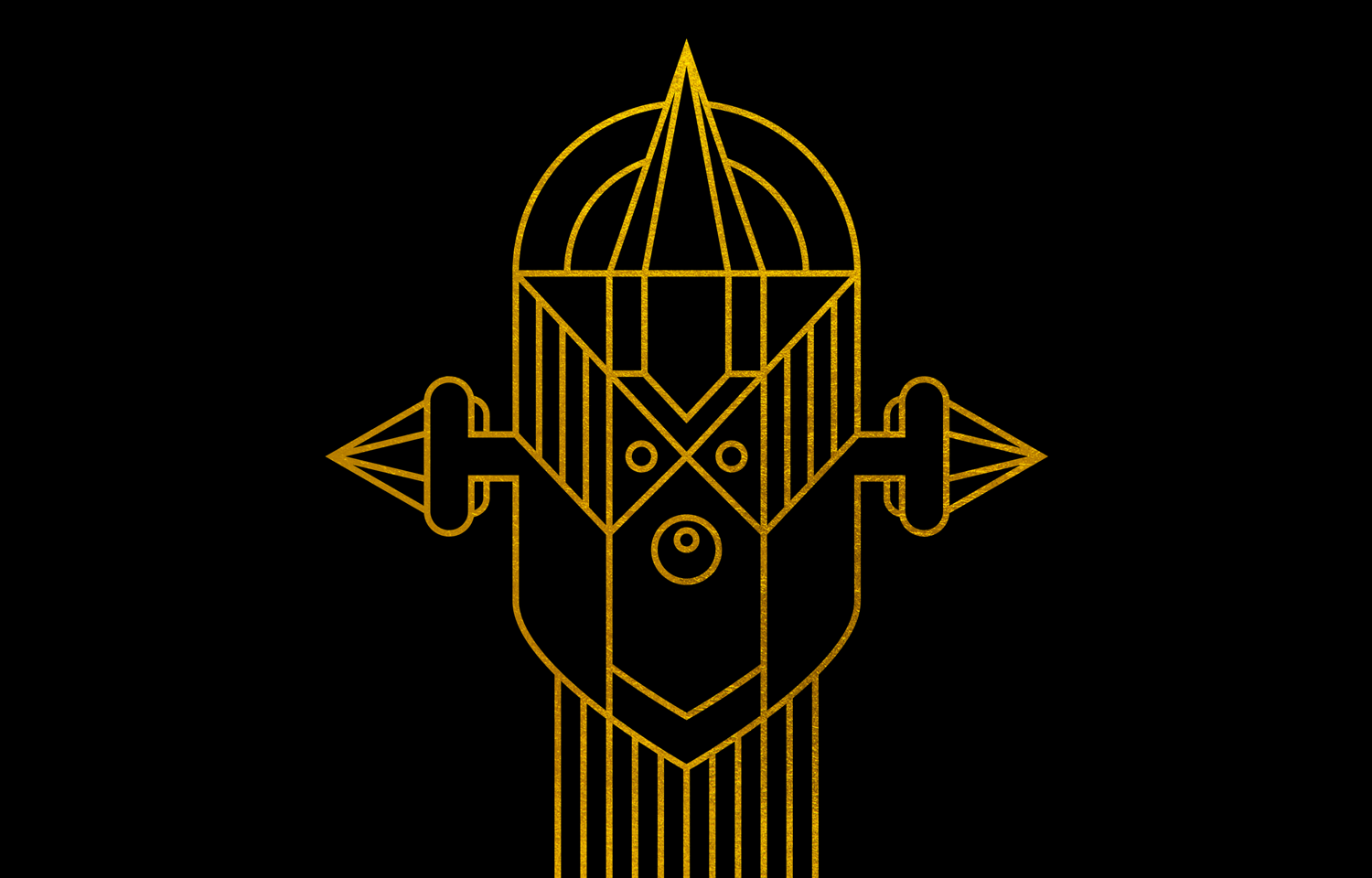 Gold line drawing of a helmeted geometric figure