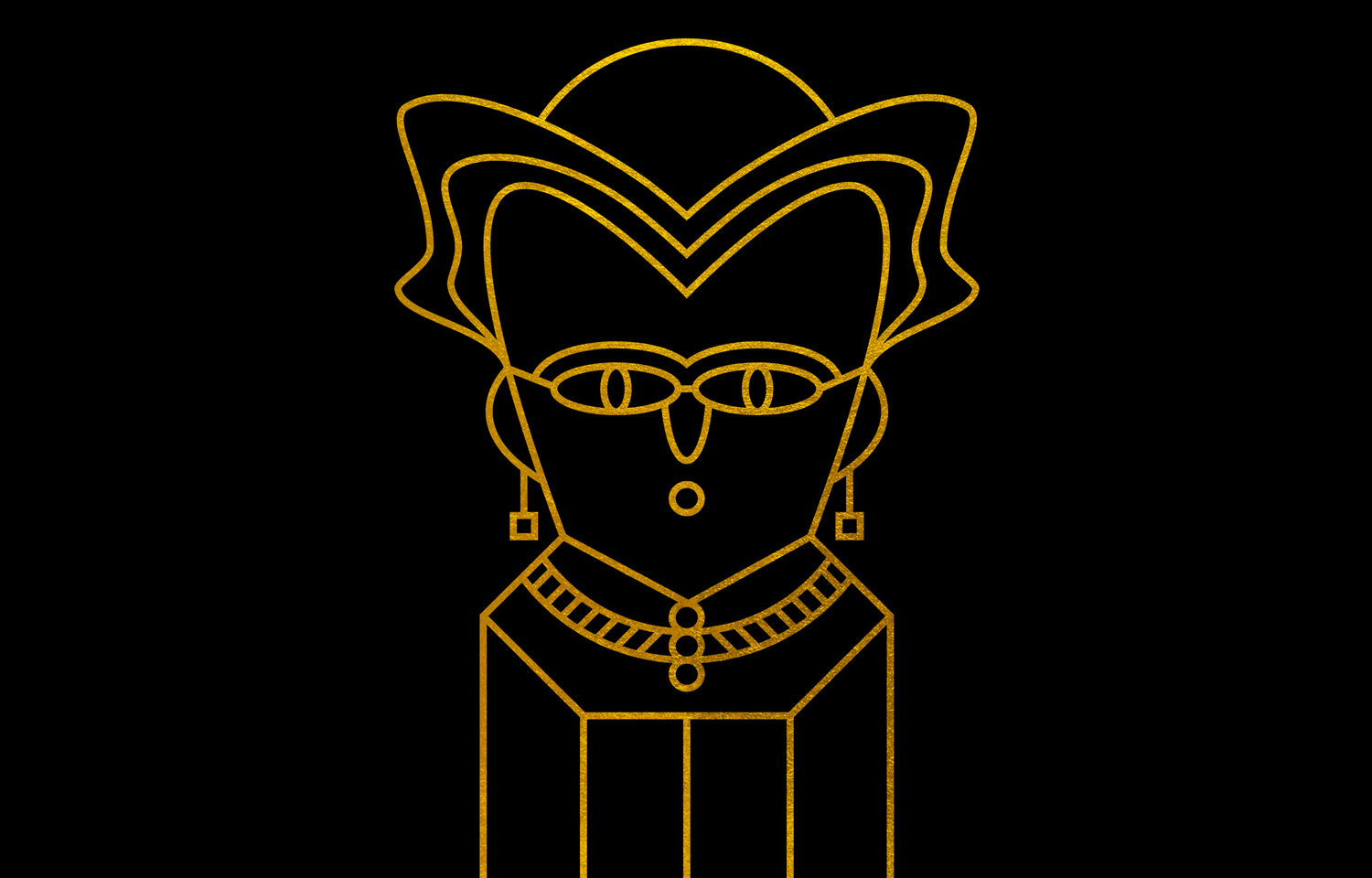 Gold line drawing of a figure wearing a brimmed hat