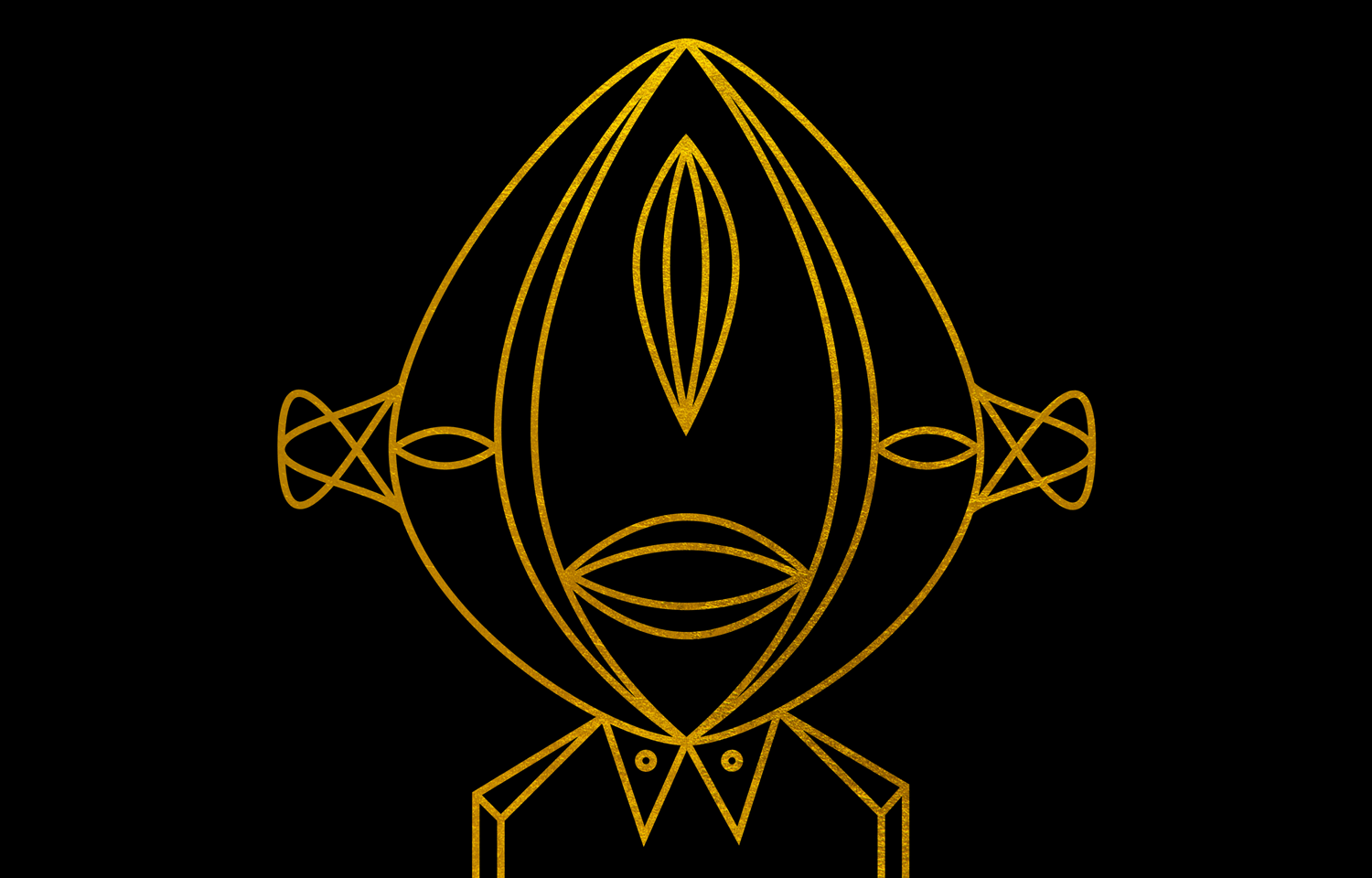 Gold line drawing of an oval-faced figure with braided hair