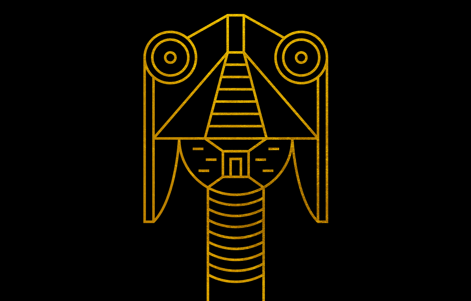 Gold line drawing of a long-nosed geometric face