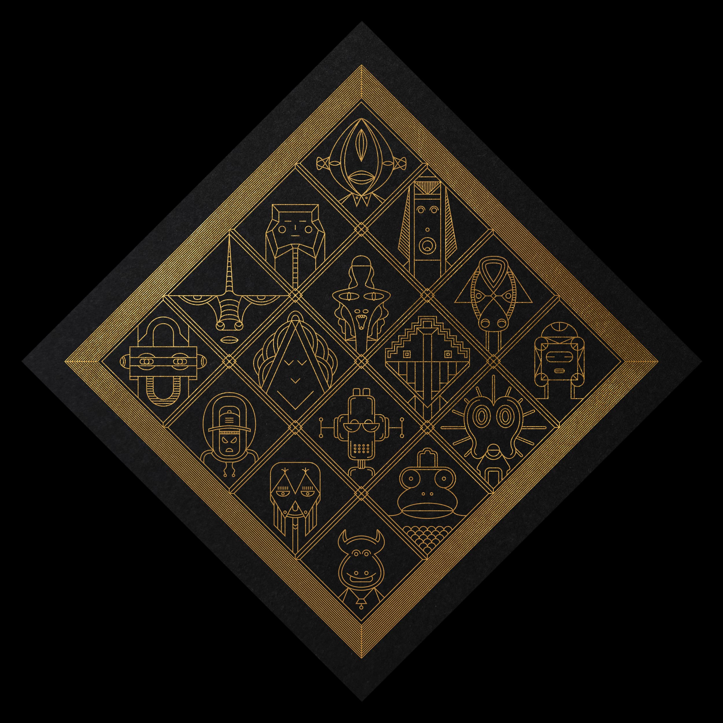Gold geometric illustration arranged in a diamond on black
