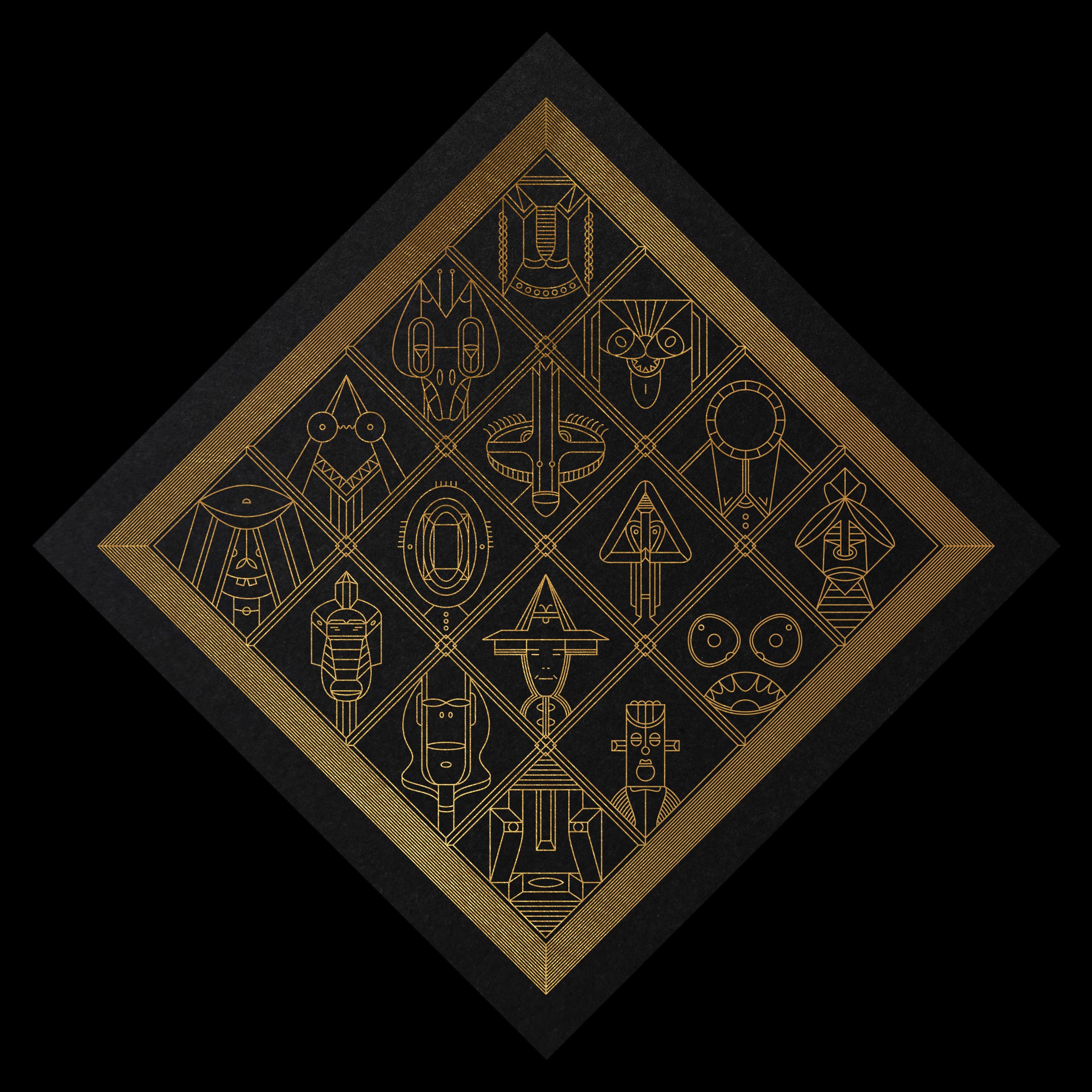 Gold geometric illustration arranged in a diamond on black