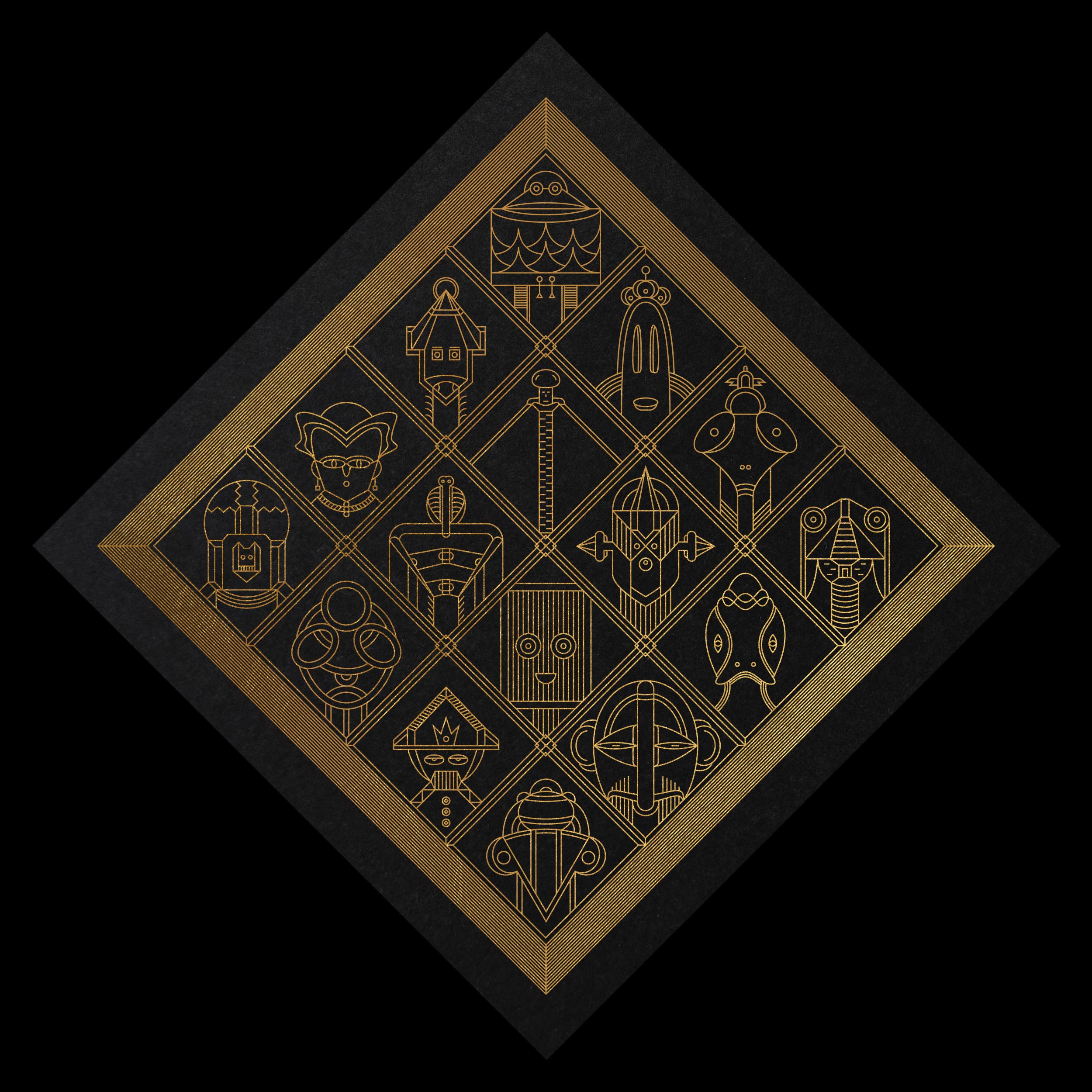 Gold geometric illustration arranged in a diamond on black