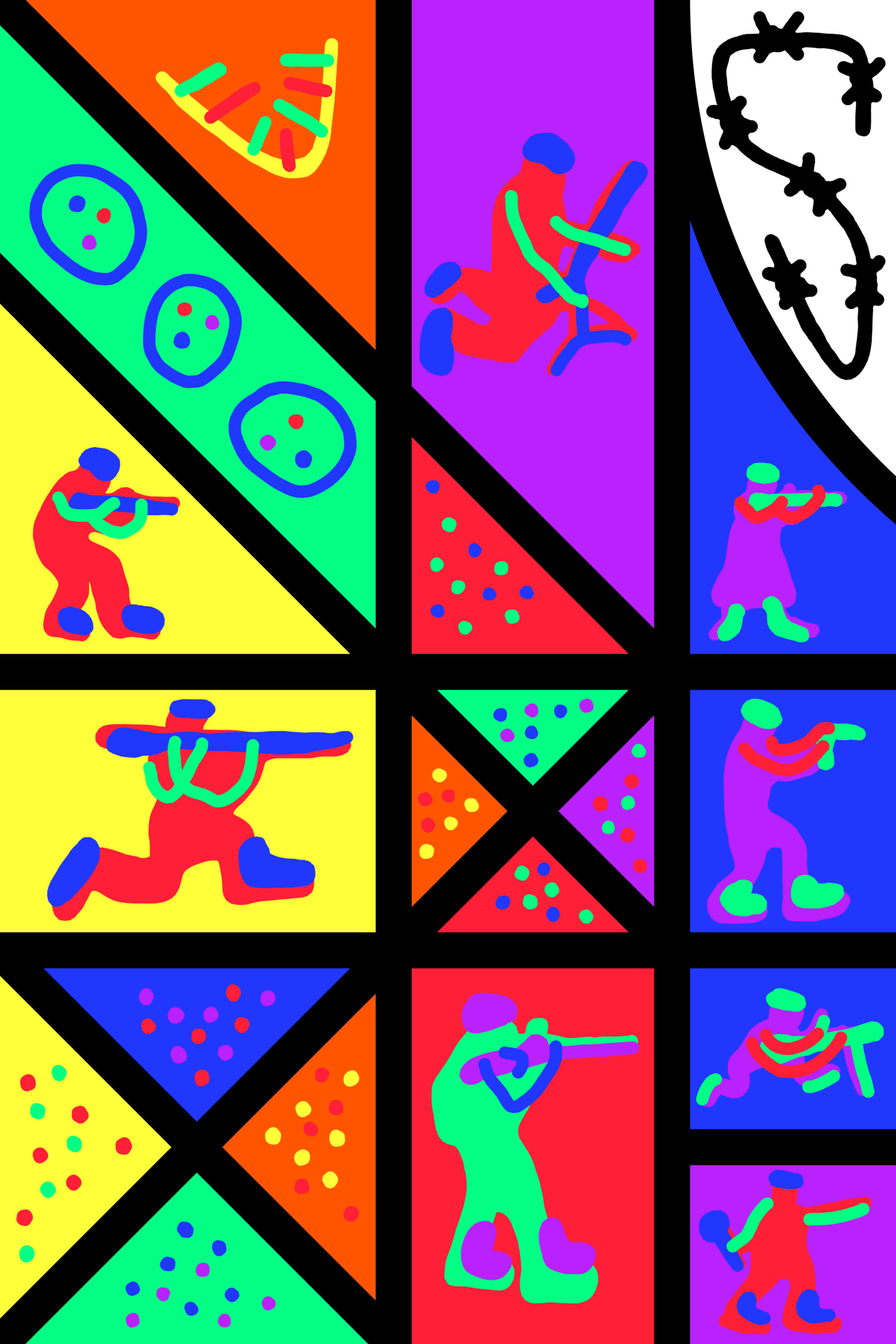 Colourful geometric panel with a green dancing figure