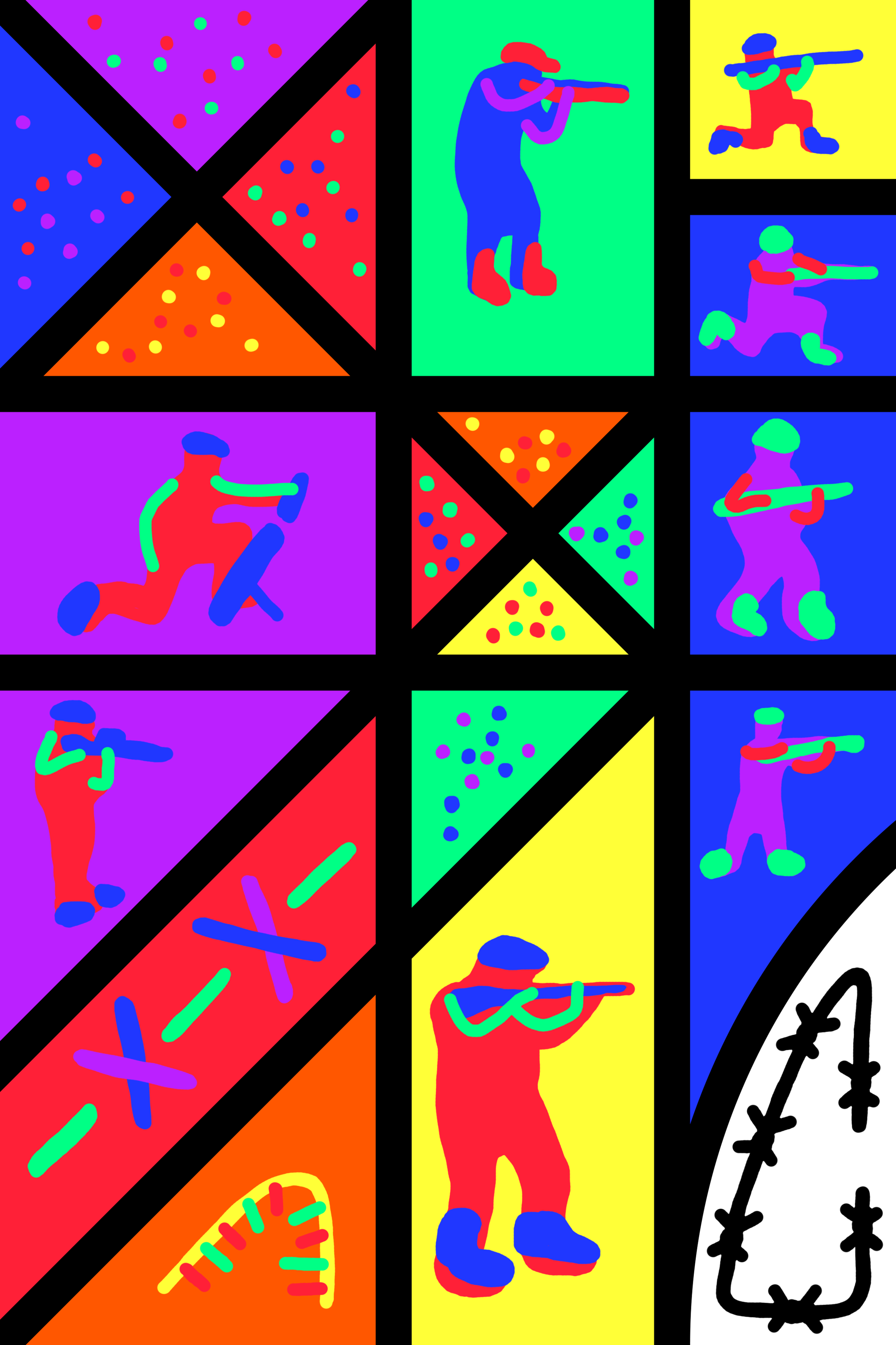 Colourful geometric panel with a blue figure and black-and-white face