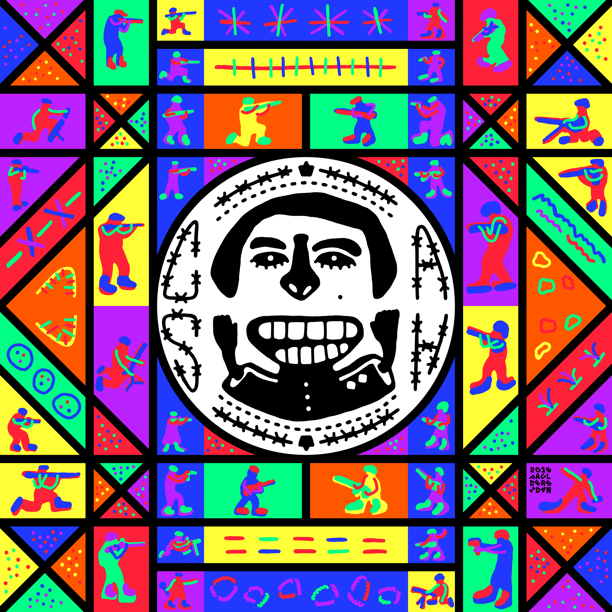 Colourful geometric print with a large black-and-white face