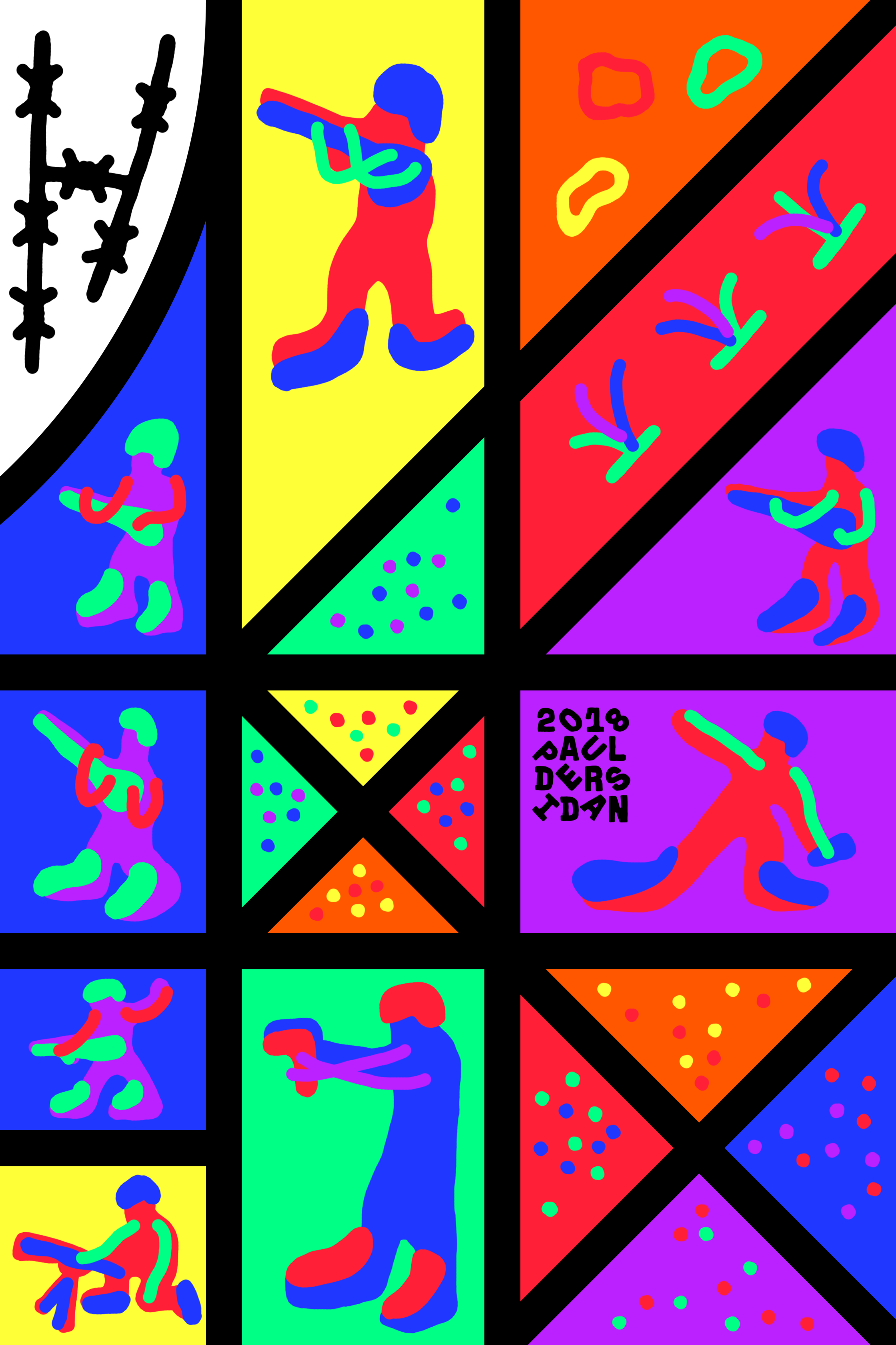 Colourful geometric panel with a black-and-white face