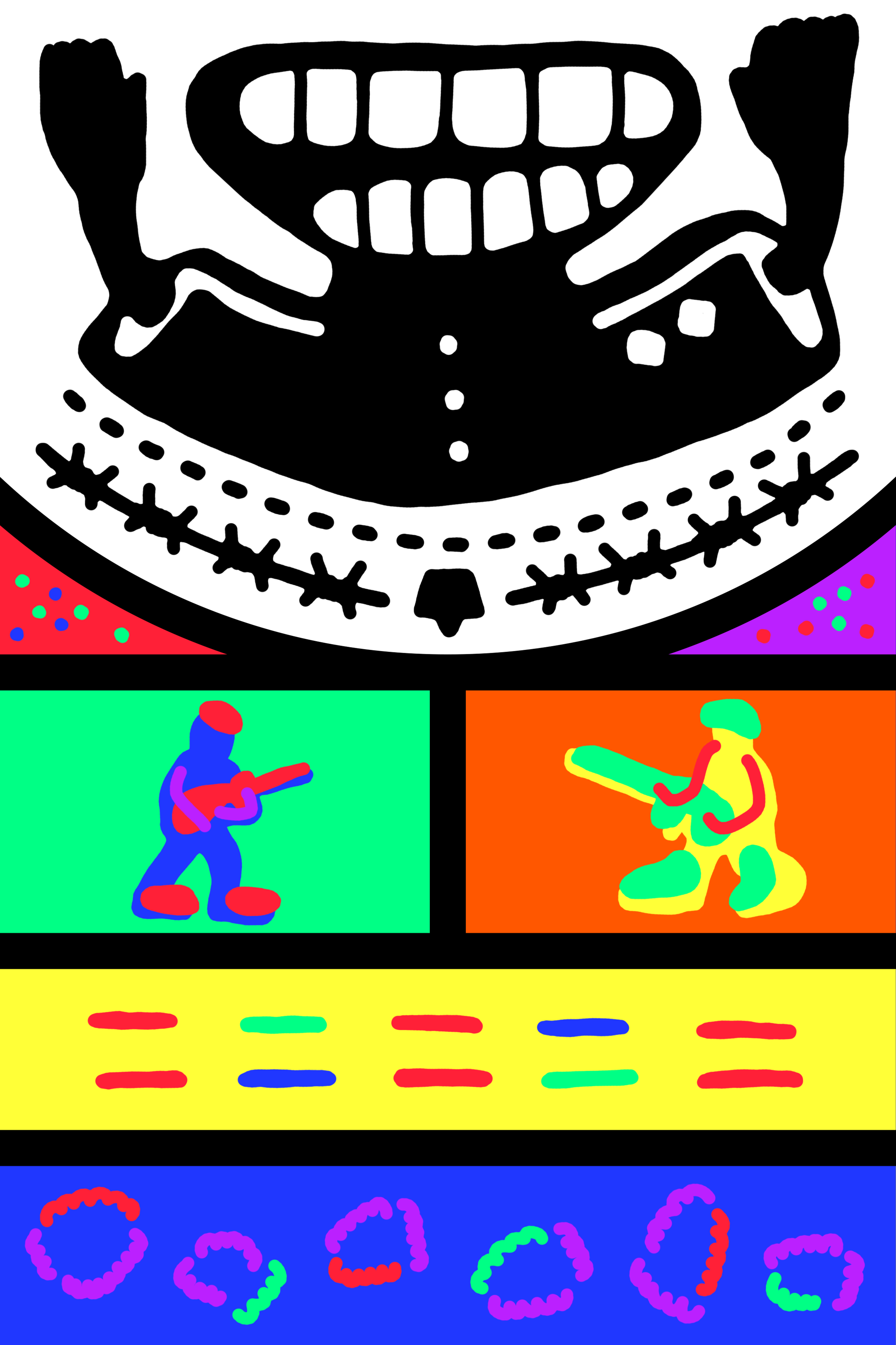 Colourful geometric panel with a blue running figure