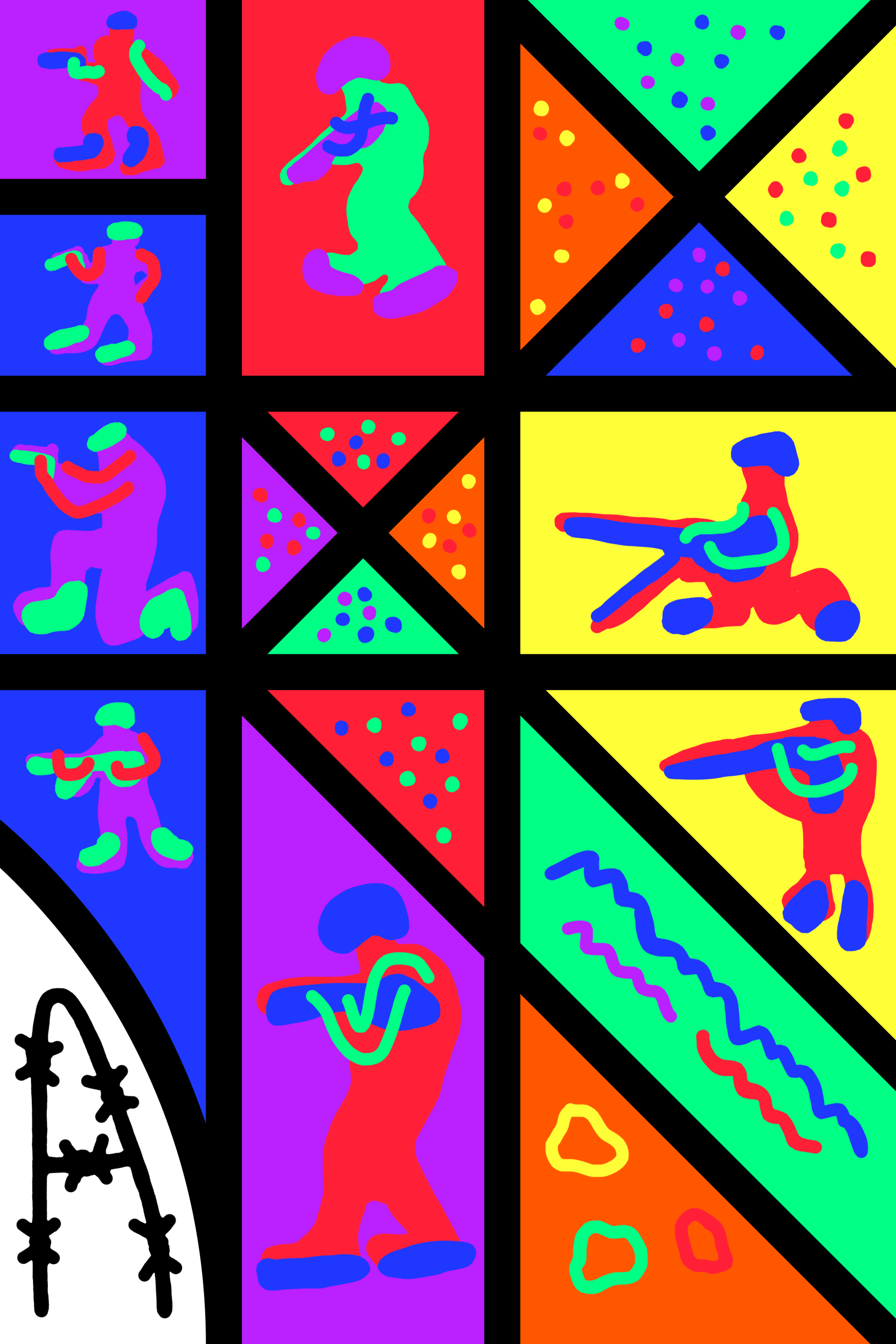 Colourful geometric panel with a raised stylised figure