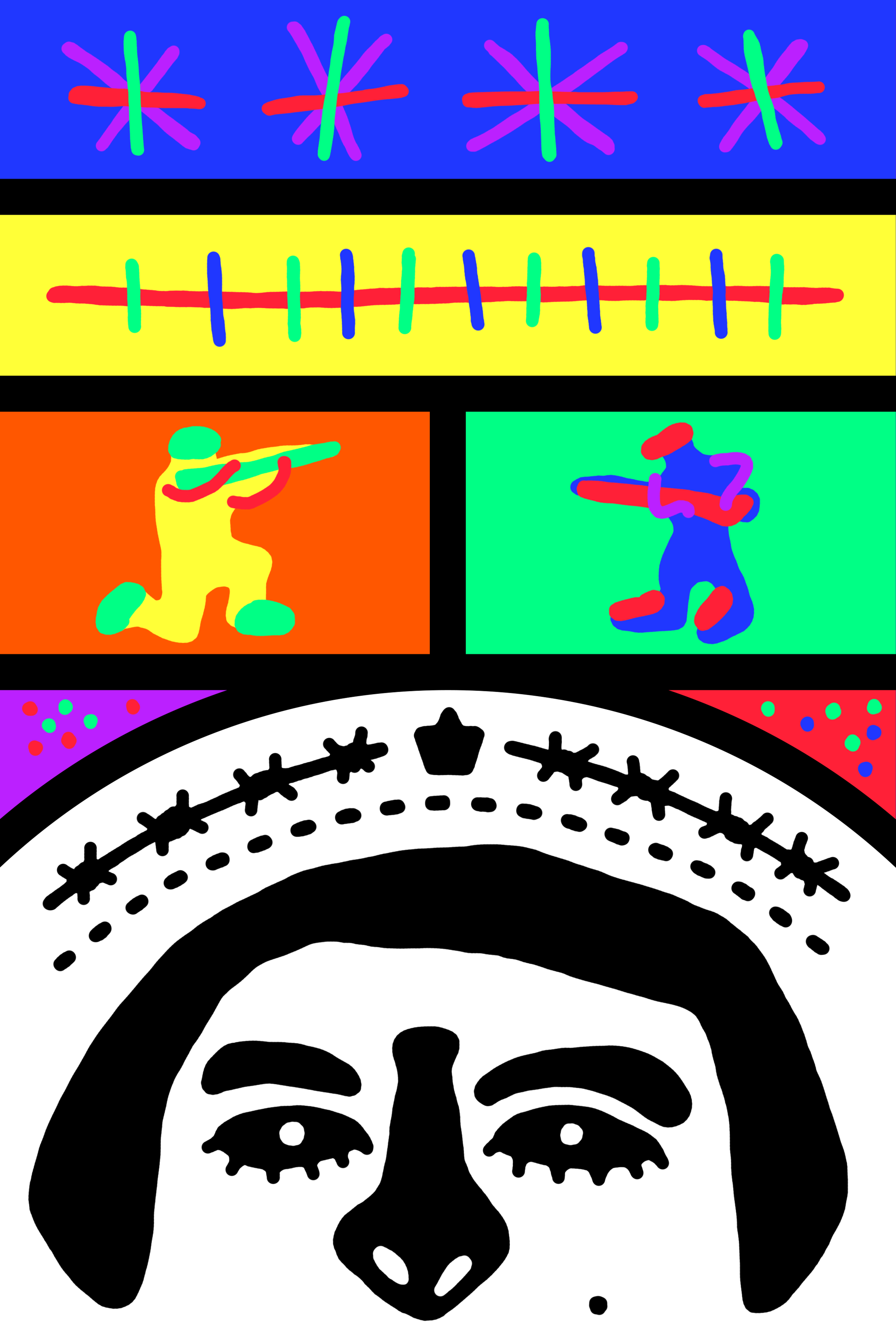 Colourful geometric panel with a black-and-white face