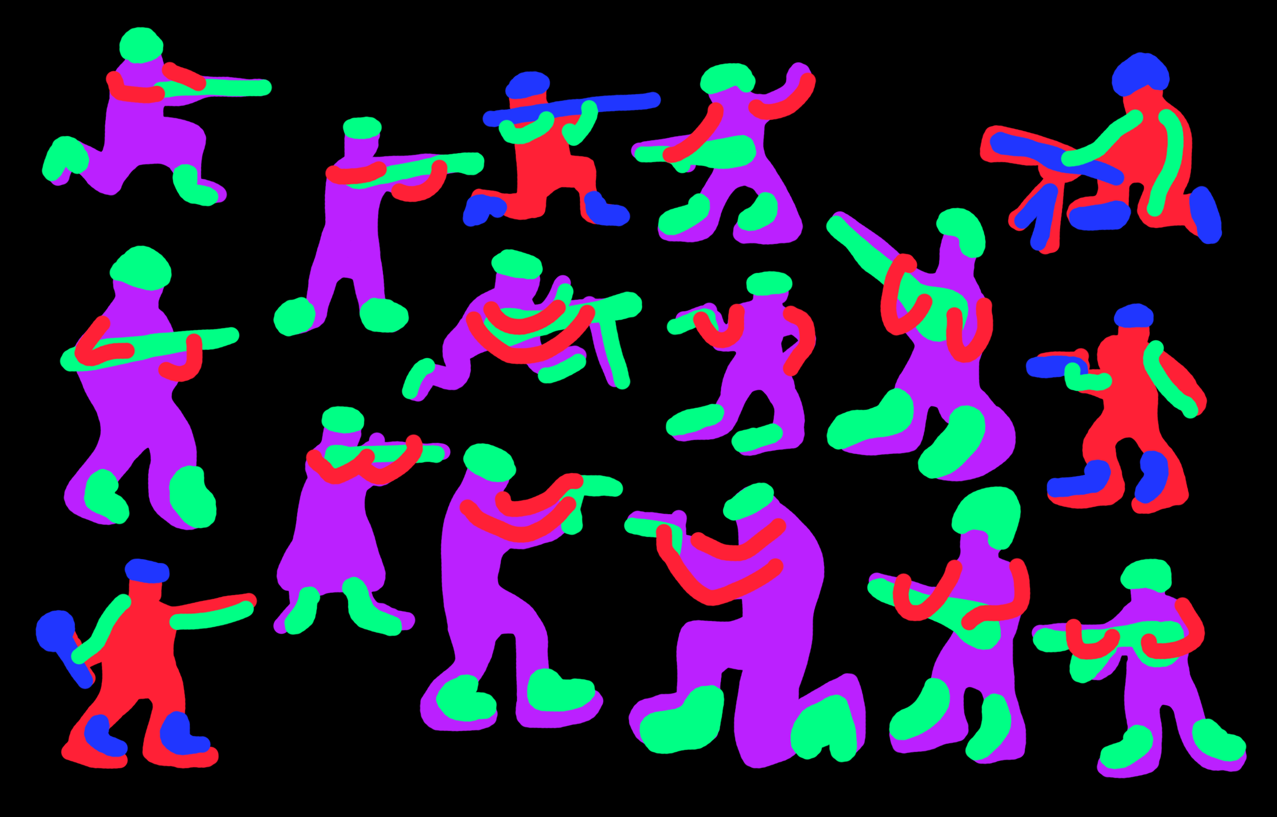 Rows of colourful stylised figures on black