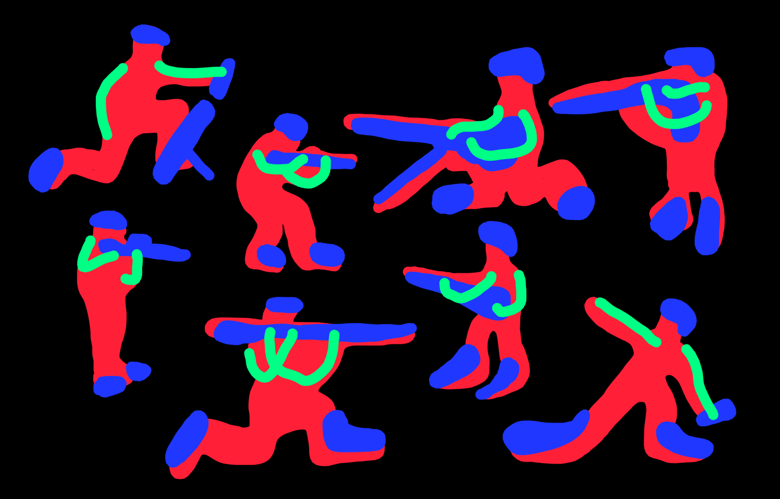 Colourful running and dancing figures on black