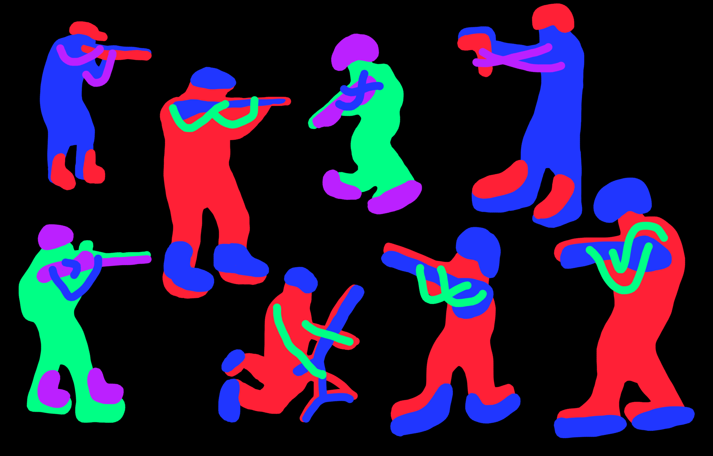 Colourful fighting and dancing figures on black