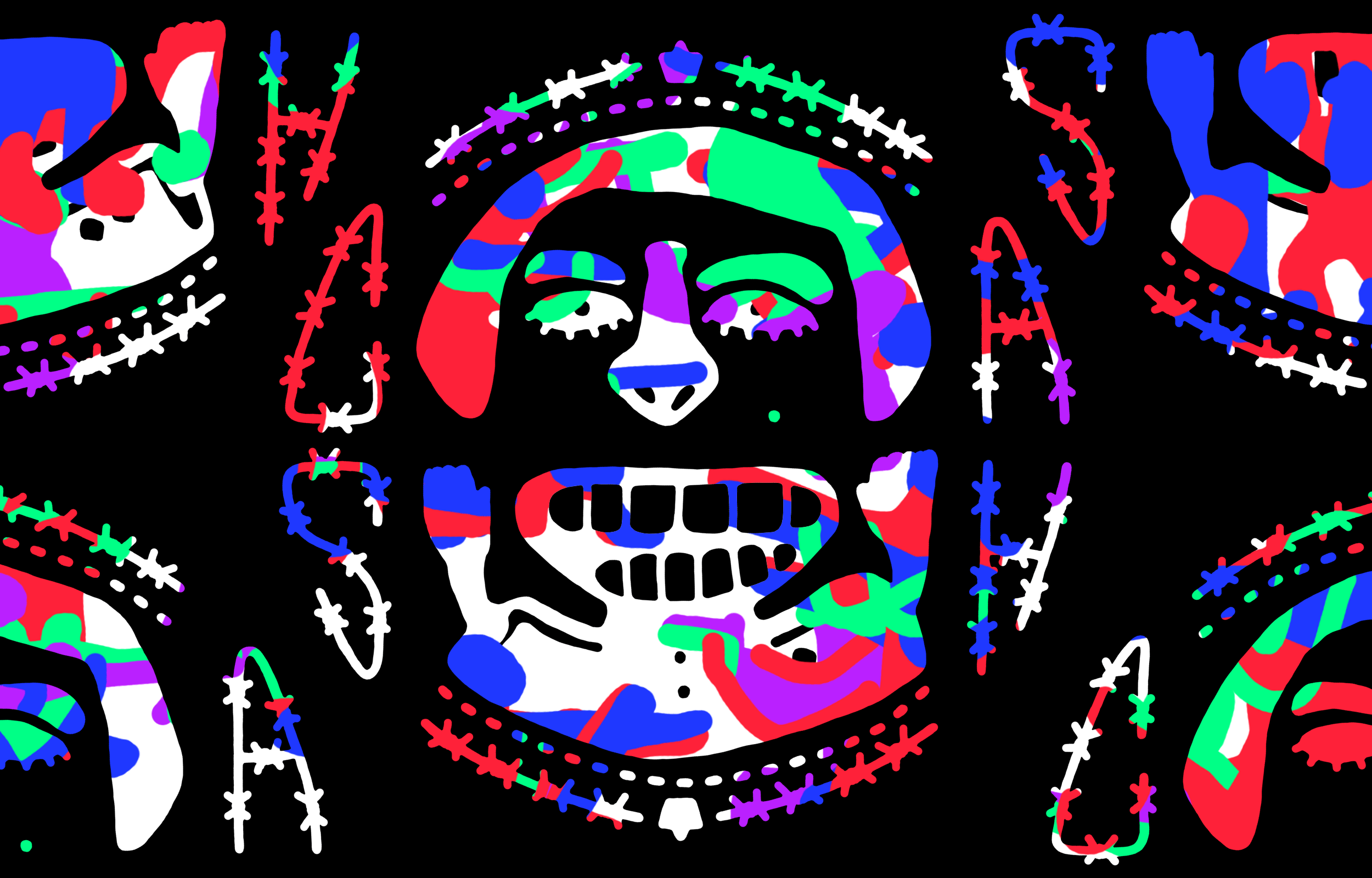 Colourful repeating mask and star pattern on black