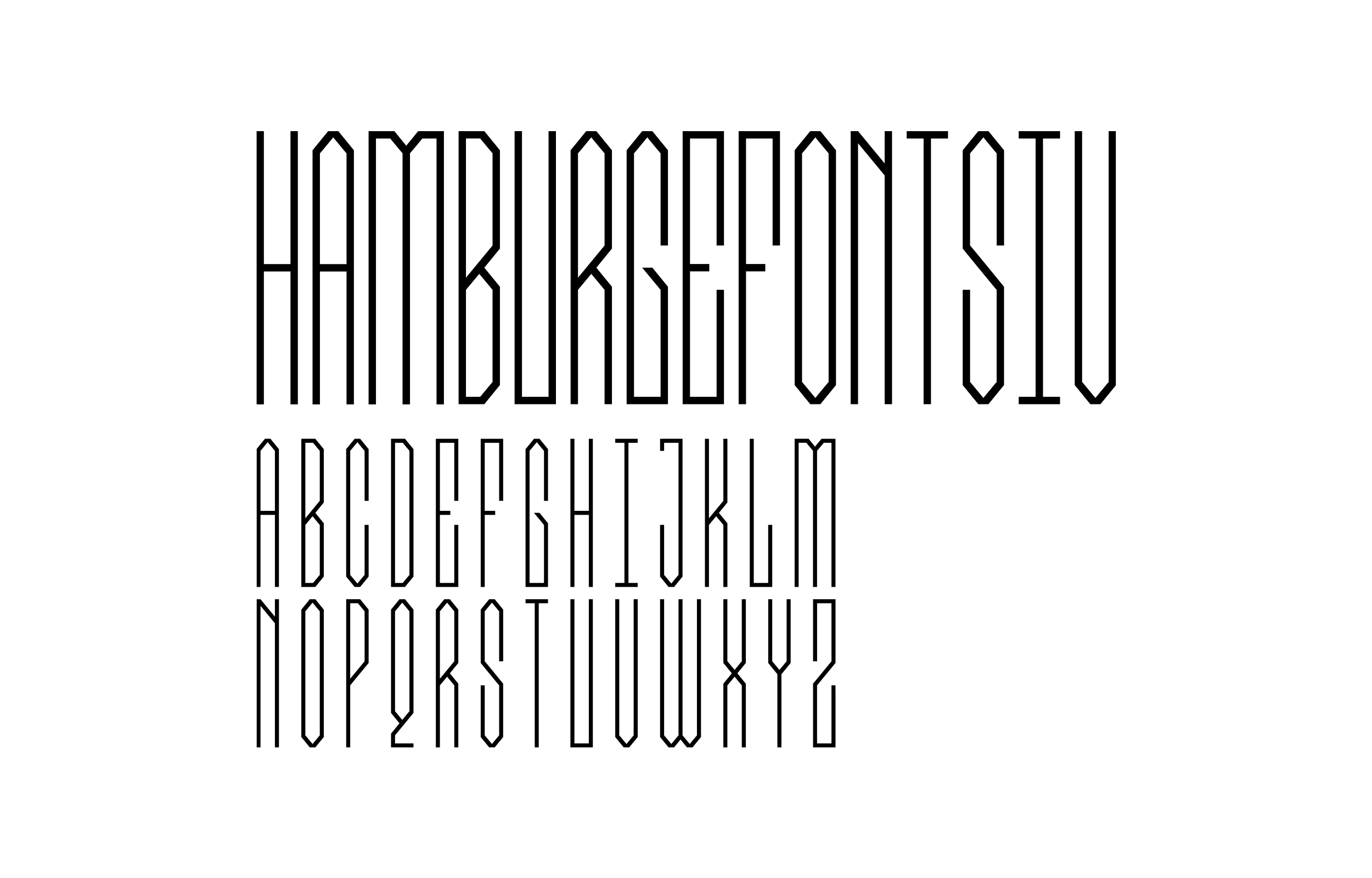 Narrow Colossus alphabet specimen in black outline lettering