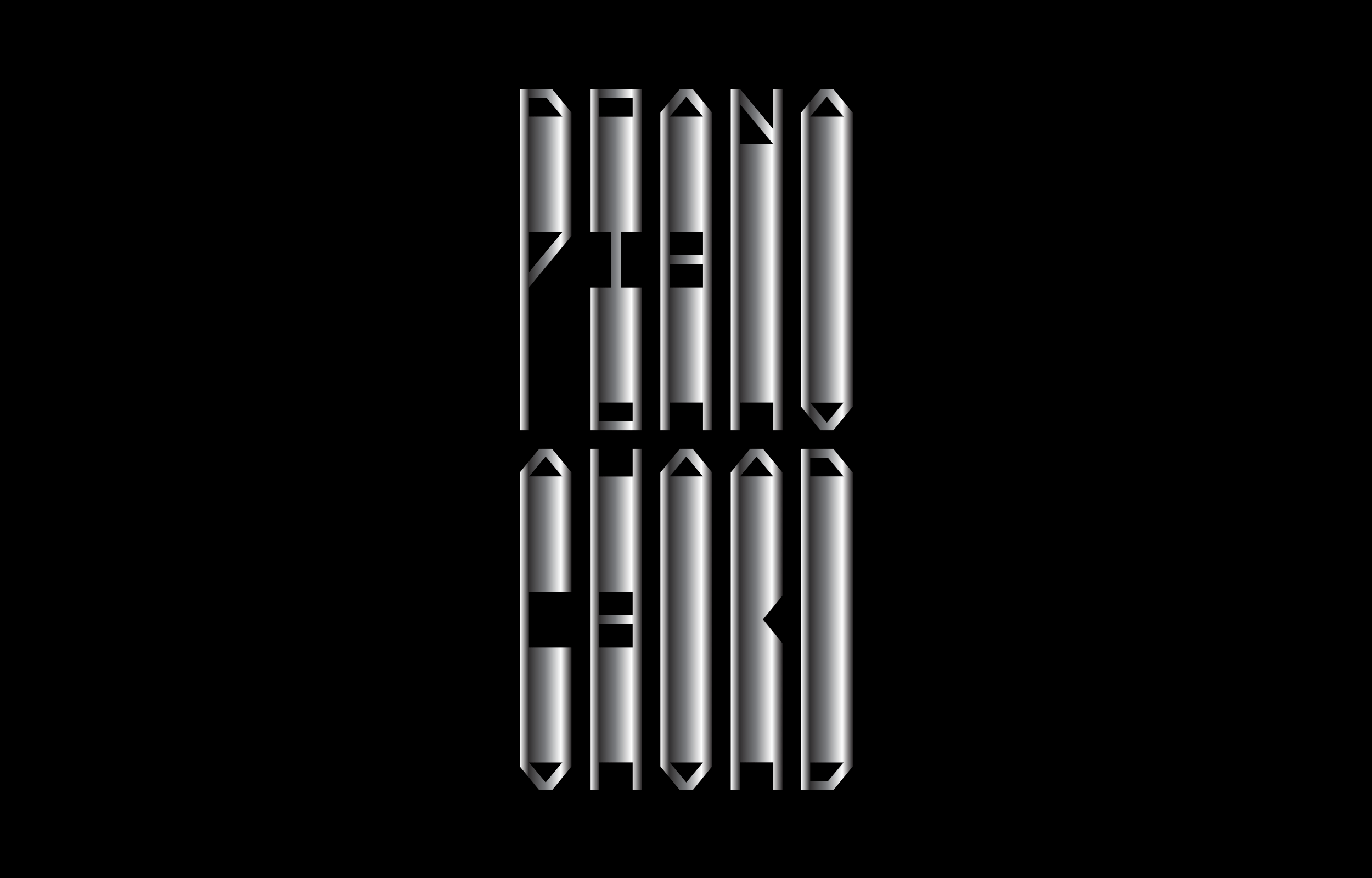 Metallic-grey angular lettering arranged in two stacked words on black