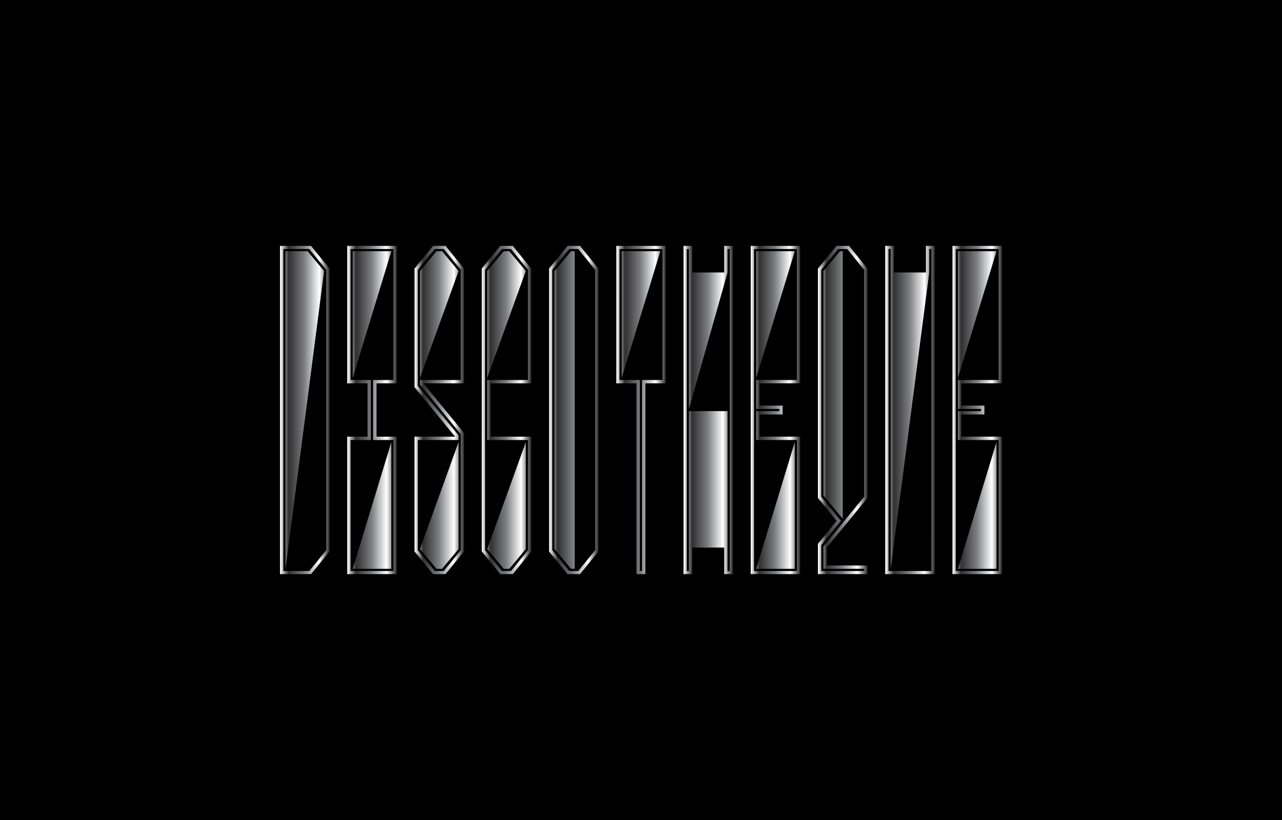 Metallic-grey angular wordmark across a black field