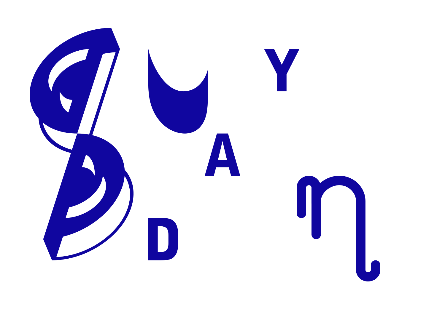 Blue letters arranged with large curved abstract glyphs