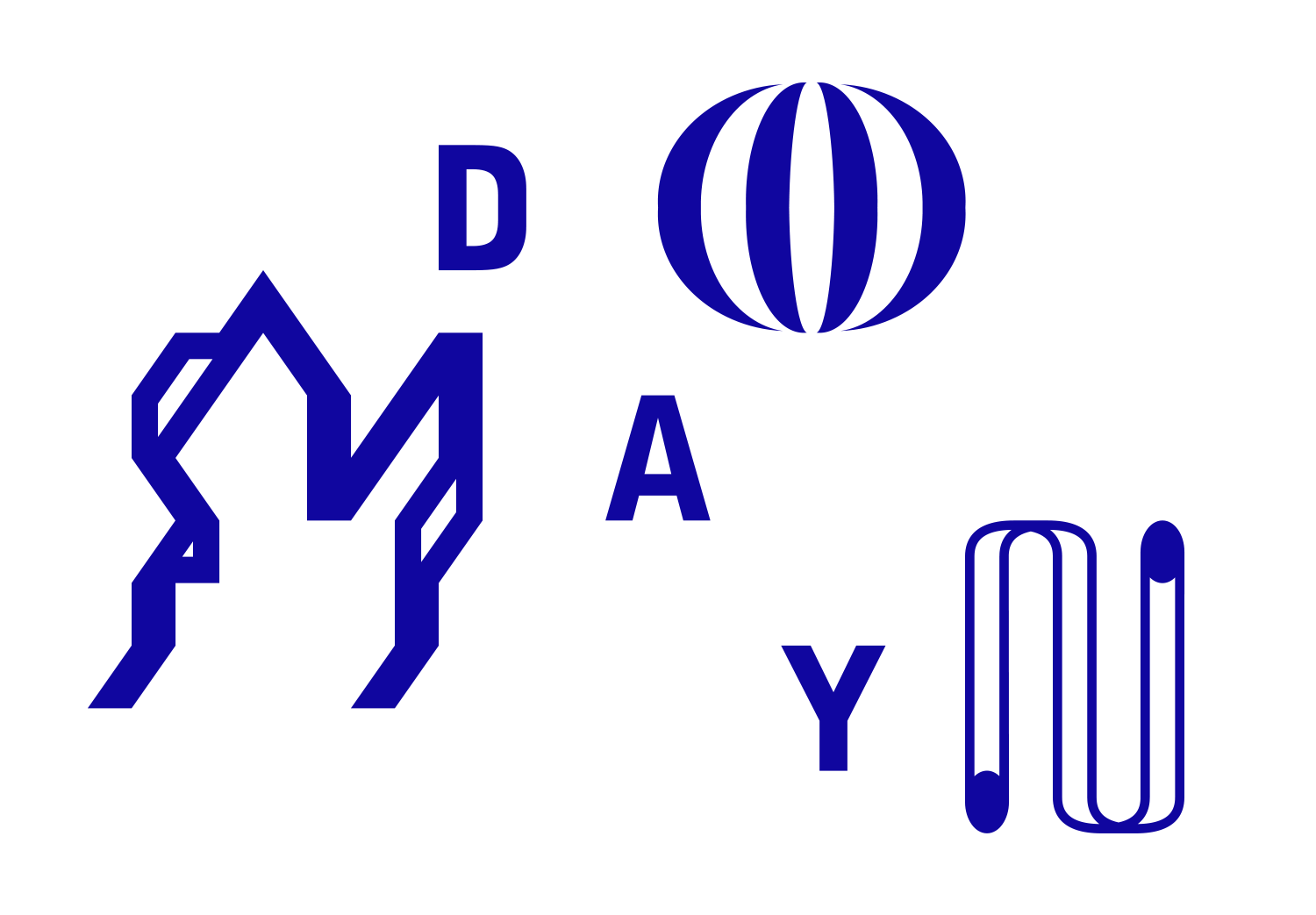 Blue letters and abstract outlined glyphs scattered across white