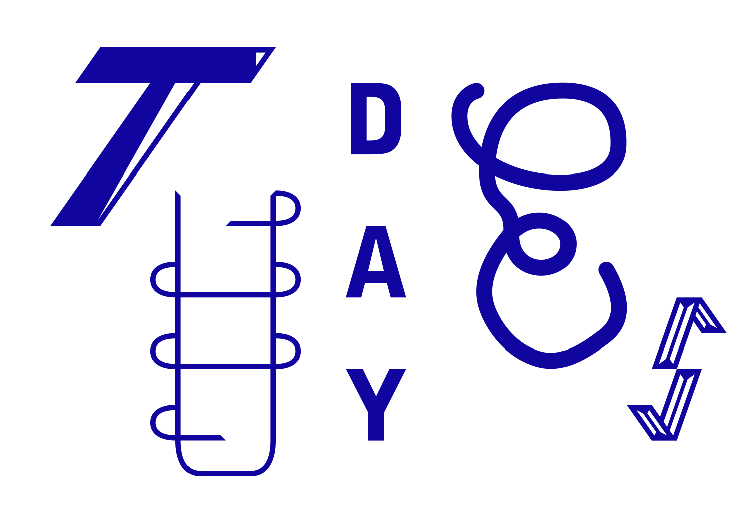 Blue letters and looping abstract glyphs arranged across white