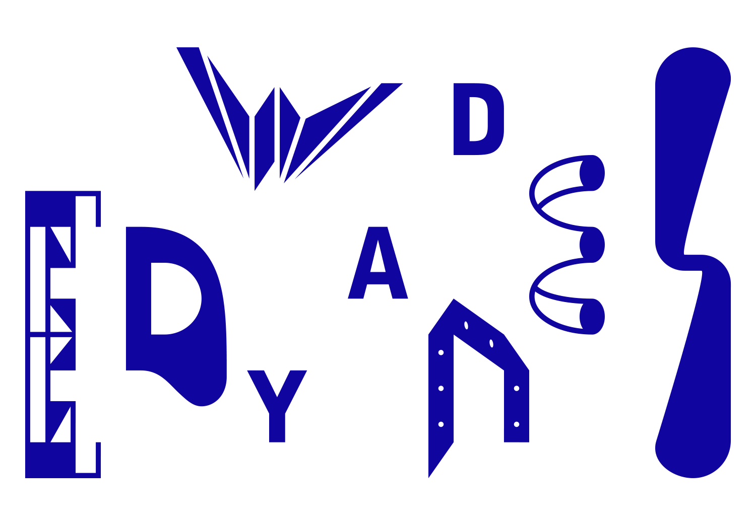 Blue letters and varied geometric glyphs arranged across white