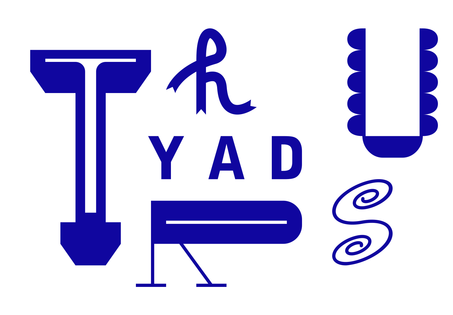 Blue letters and bold abstract glyphs including a long horizontal bar