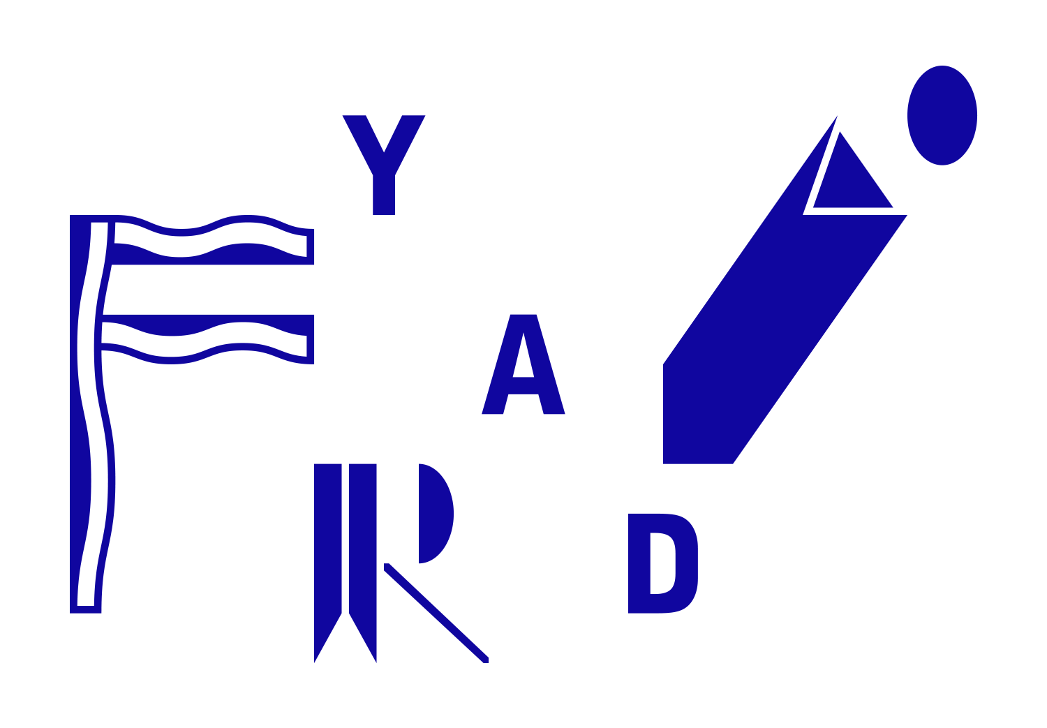 Blue letters, wavy lines and angular glyphs on white