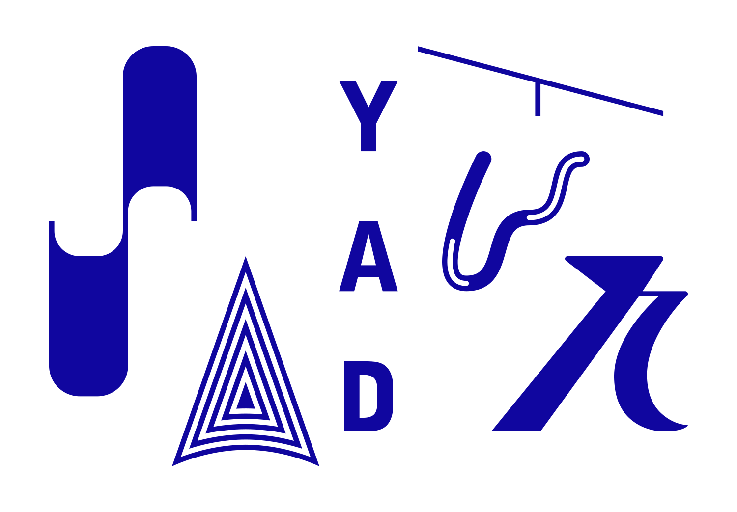 Blue letters and abstract glyphs including a striped triangle and pi symbol