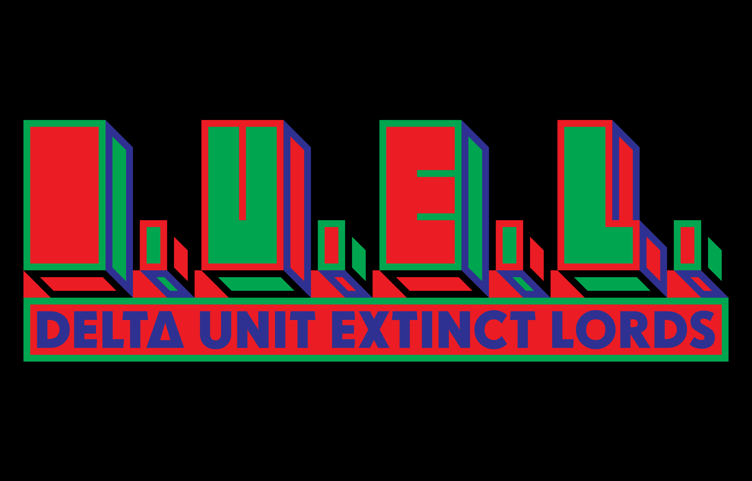 Block-letter Delta Unit Extinct Lords logo in red, green and blue on black