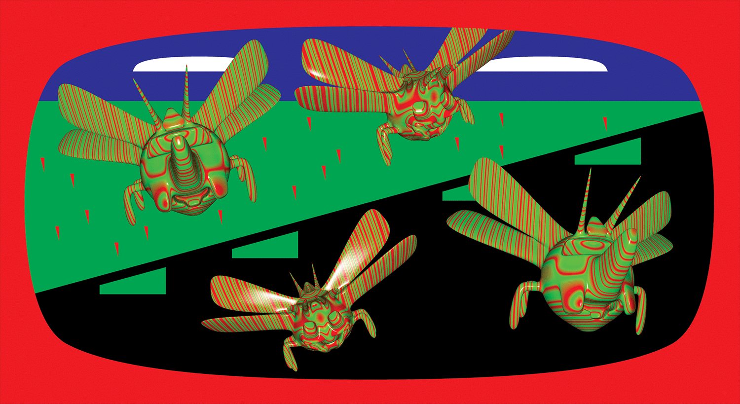 Three striped flying insects over a black geometric shape on a red field