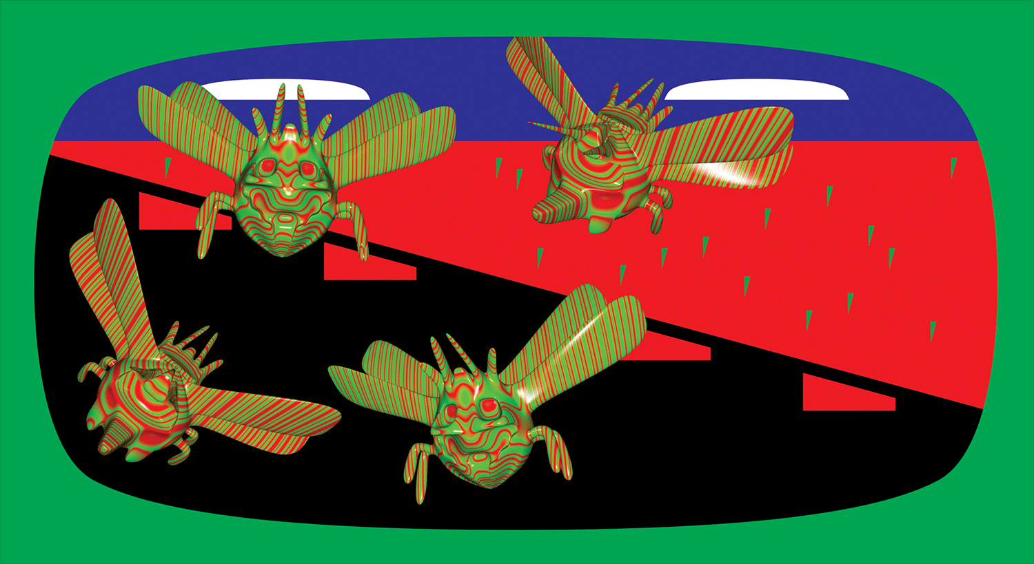 Three striped flying insects over a black geometric shape on a green and red field