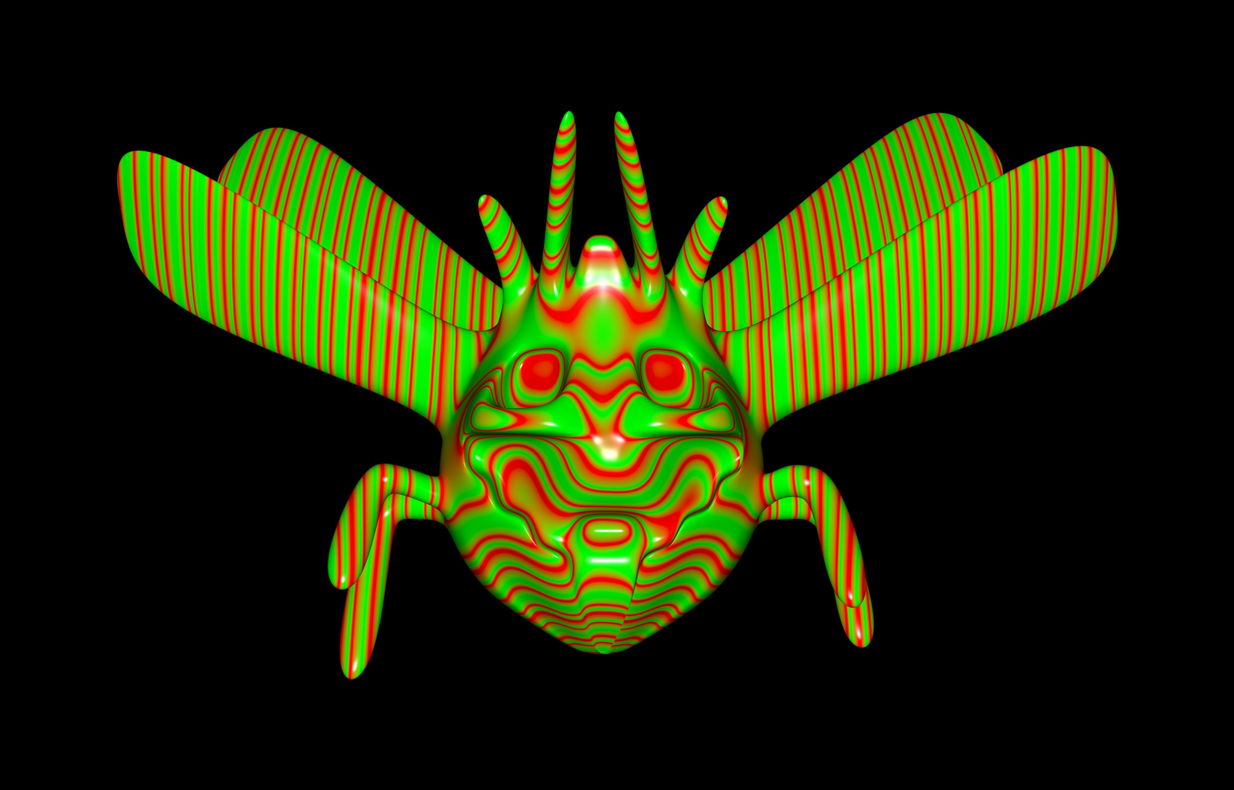 Front-facing striped green and red flying beetle on black