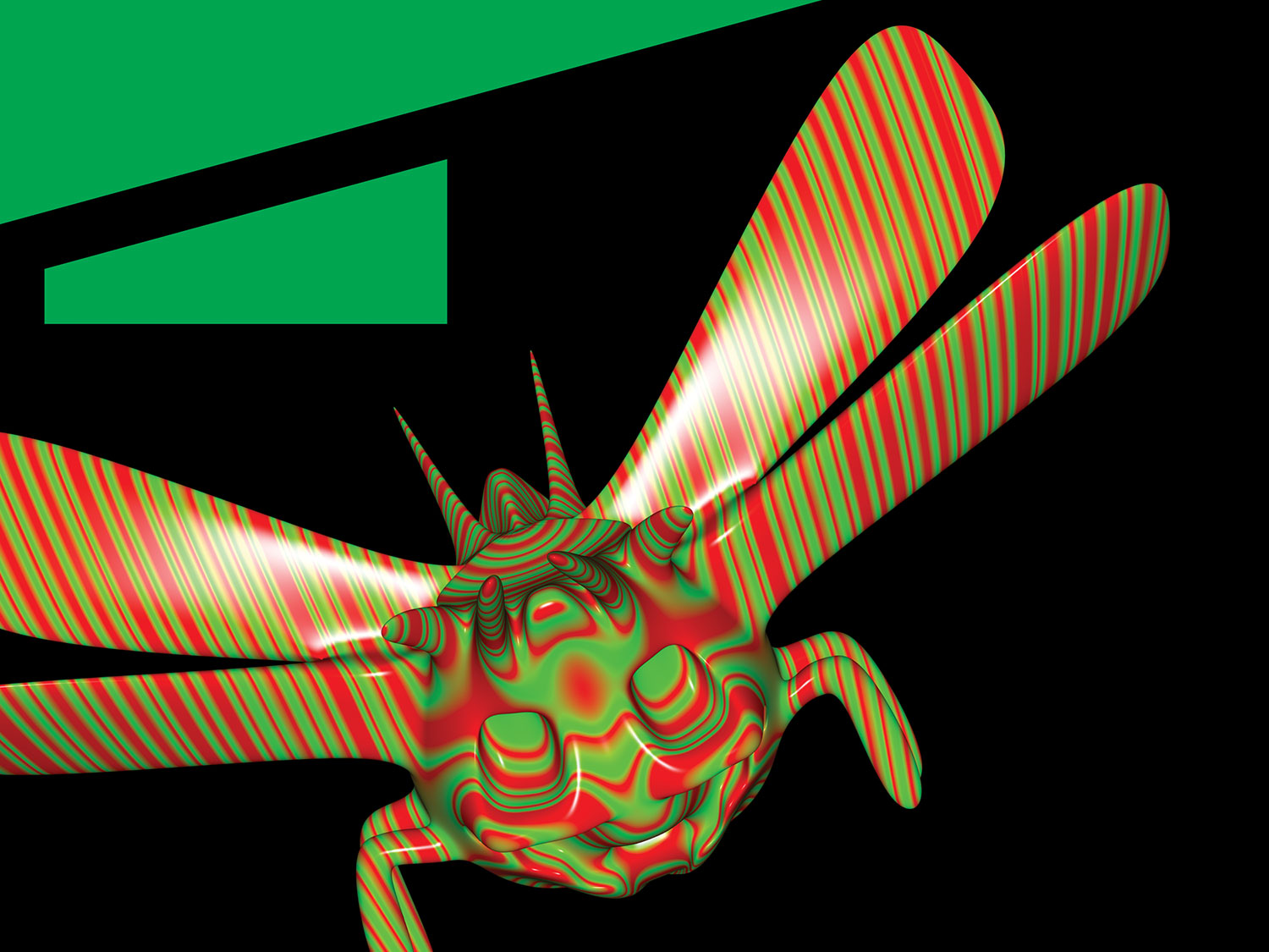 Close-up of a striped flying beetle over black and green geometric shapes