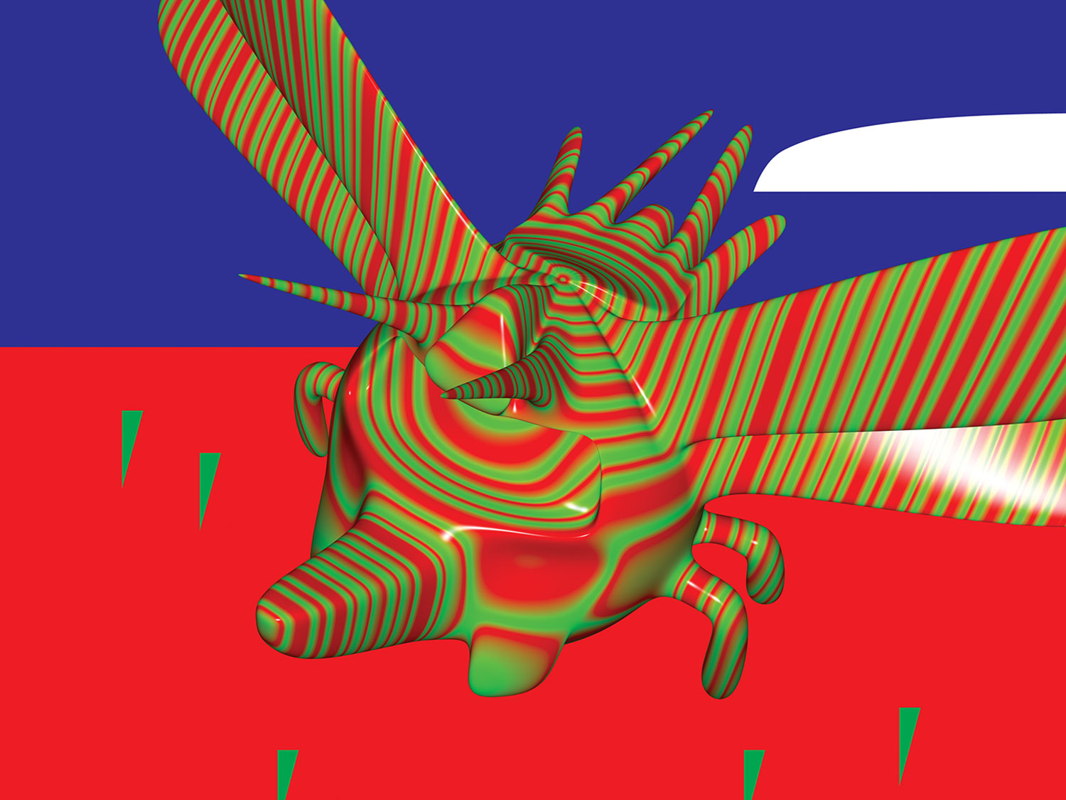Striped flying beetle against a blue, red and green geometric background