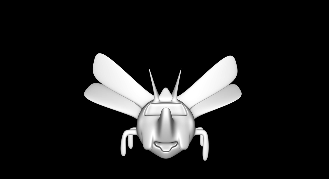 White computer-rendered flying beetle on black