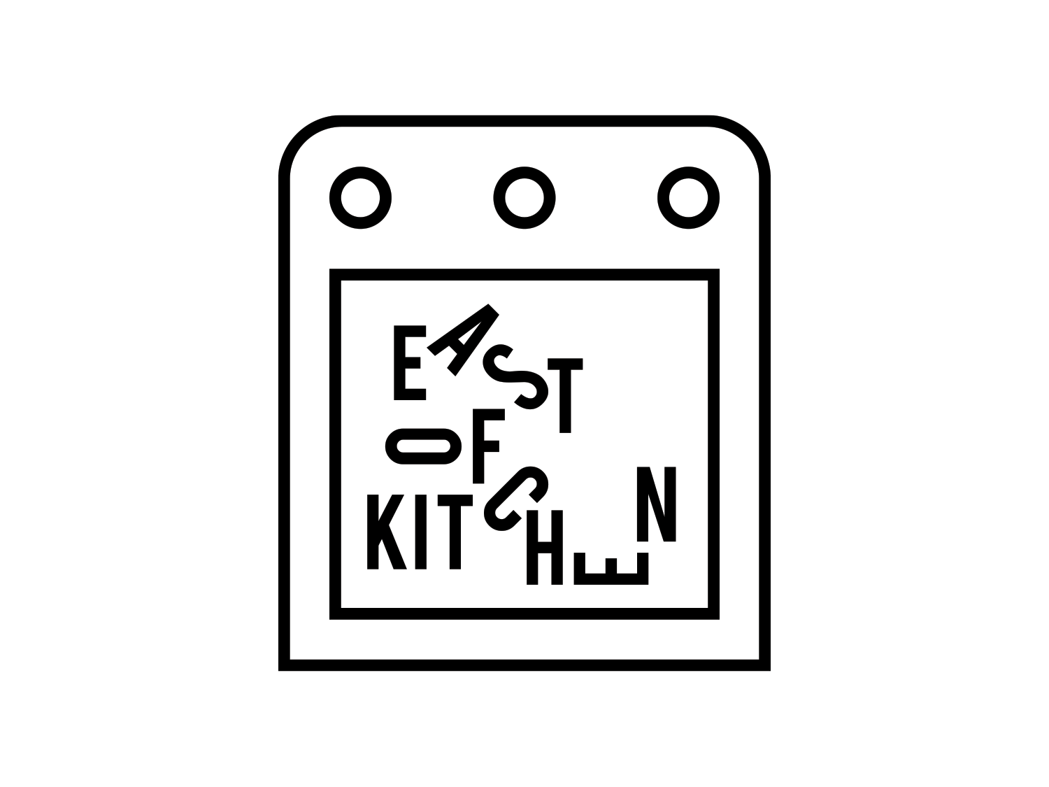 Black outline oven icon containing the East of Kitchen logo