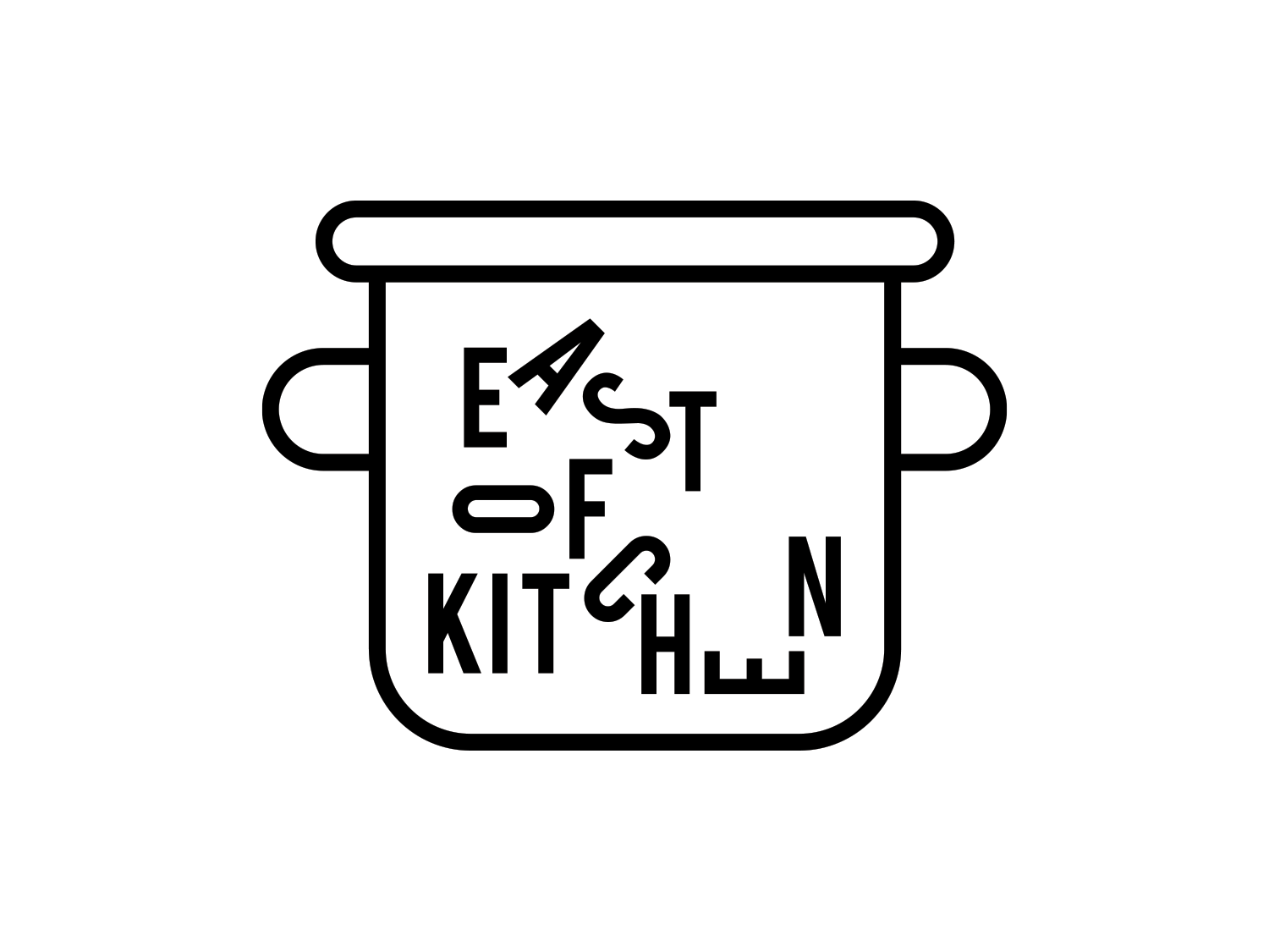 Black outline cooking pot icon containing the East of Kitchen logo
